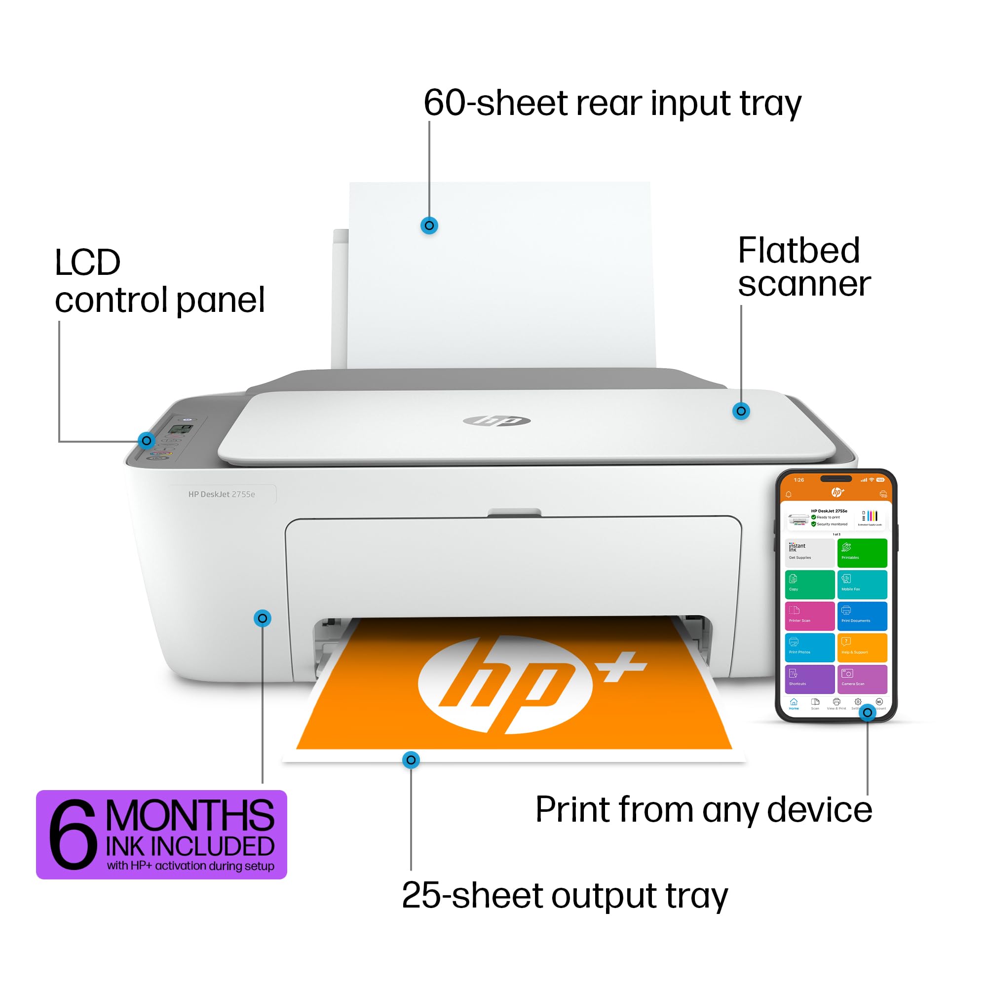 Hp Deskjet 2755E Wireless Color All In One Printer With Bonus 6 Months Instant Ink With Hp+ (26K67A), White