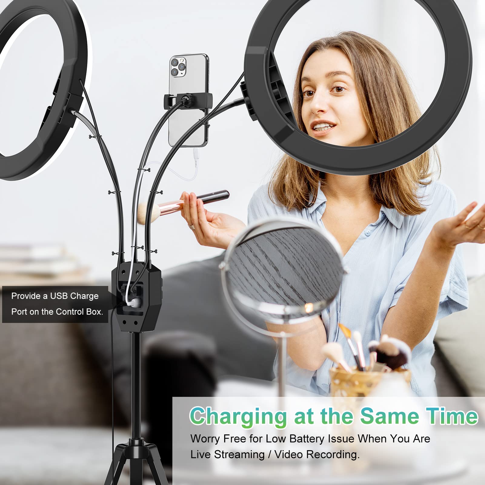 Sebider Dual 10 Led Ring Light With Tripod Stand & Phone Holder, Selfie Circle Lights With 5 Light Modes (2700-6500K)&12 Brightn