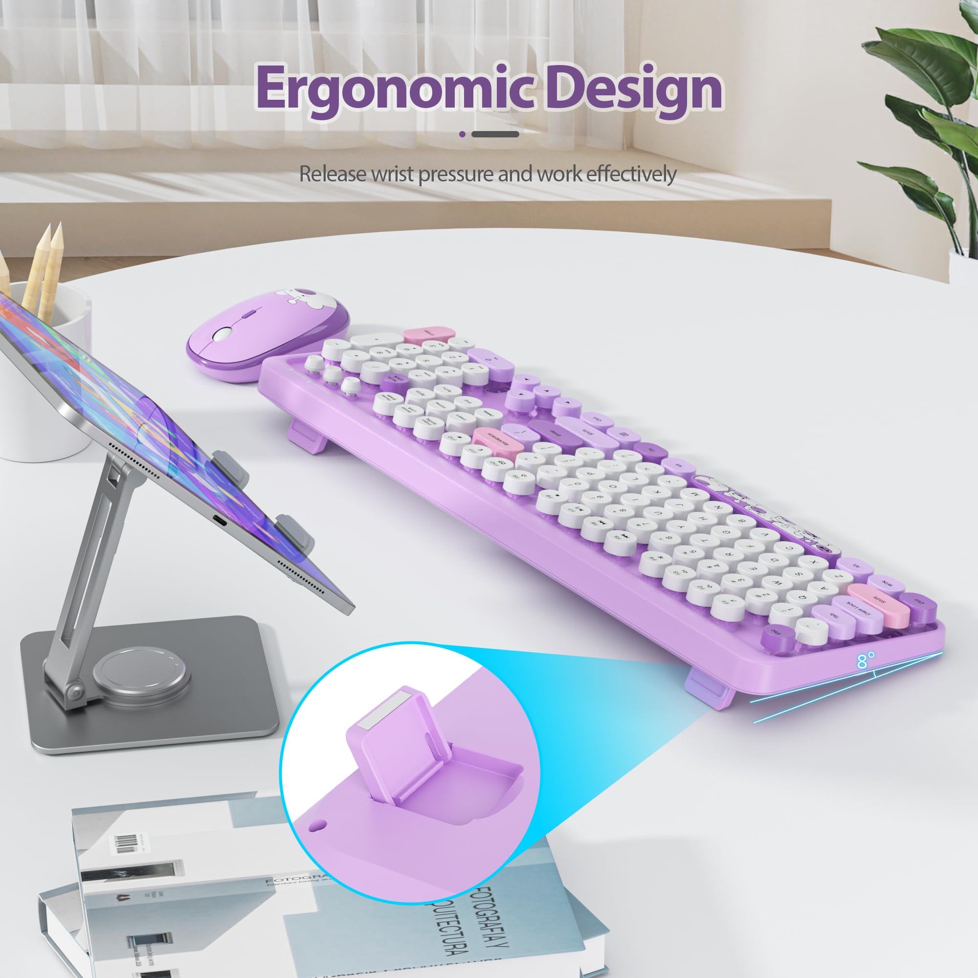 Fogruaden Wireless Keyboard And Mouse Combo 2.4Ghz Retro Typewriter Keyboard, 104 Keys Full Size Round Keycap Cute Keyboard And