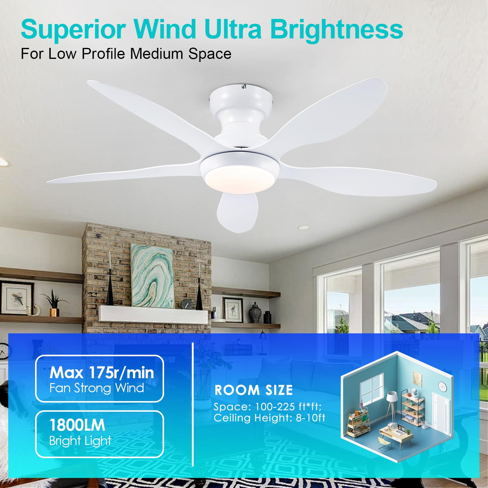 Ceiling Fans With Lights, 46 Inch Modern Low Profile Ceiling Fan With Light And Remote App Control, Flush Mount, Quiet Dc Revers