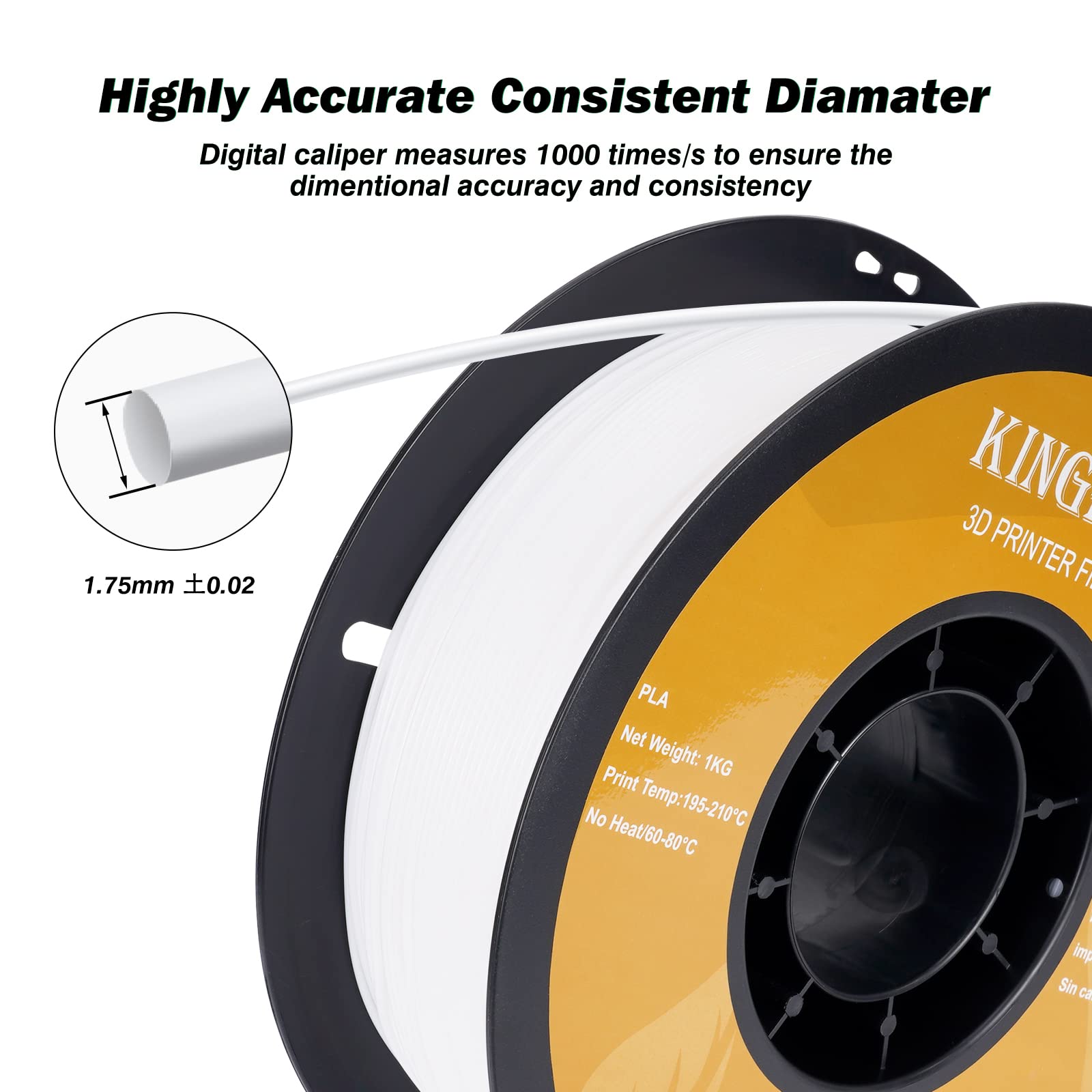 Kingroon Pla 3D Printer Filament, Dimensional Accuracy +/  0.02 Mm, 1 Kg Spool(2.2Lbs), 1.75 Mm,White