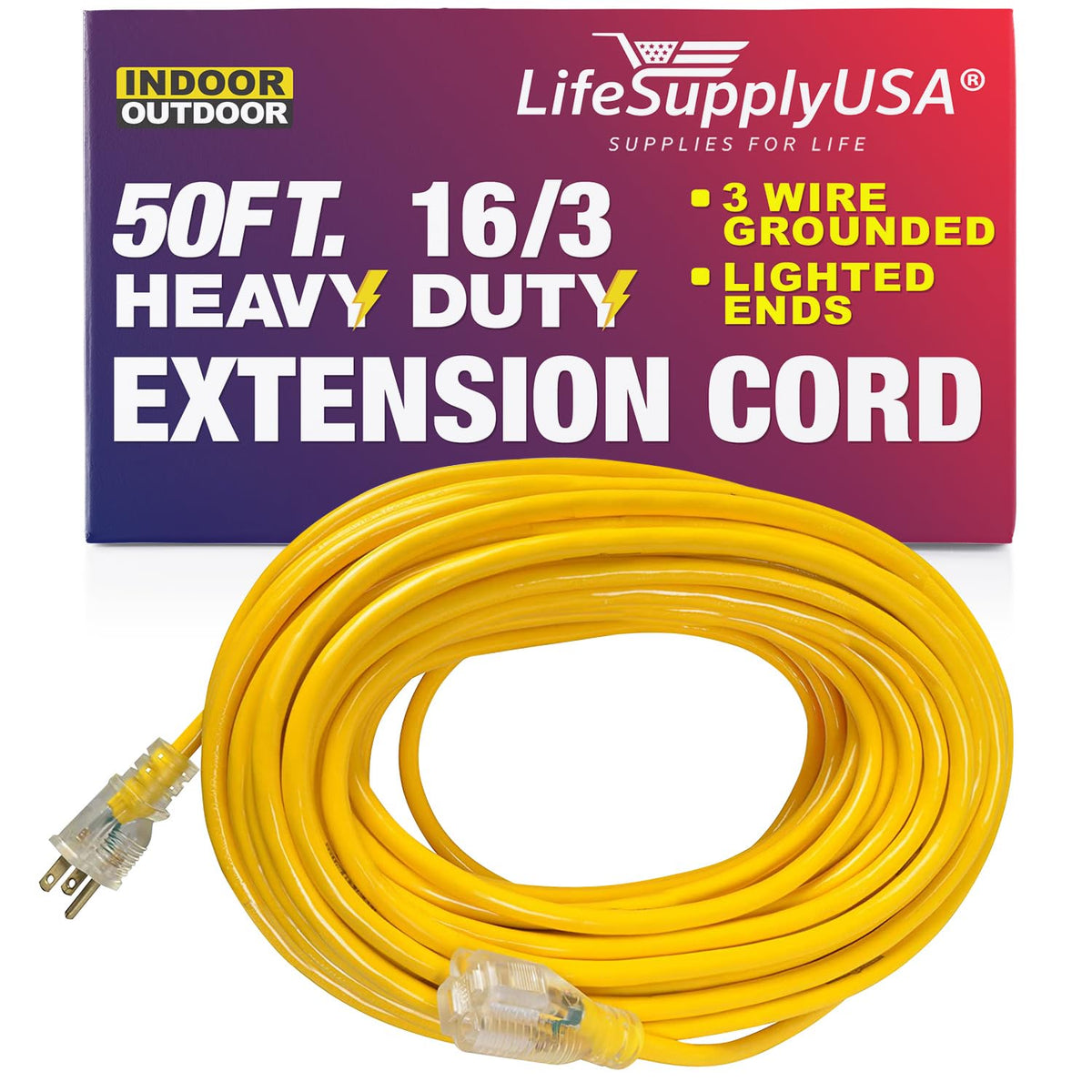 Lifesupplyusa 50 Ft Power Extension Cord Outdoor & Indoor Heavy Duty 16 Gauge/3 Prong Sjtw (Yellow) Lighted End Extra Durability