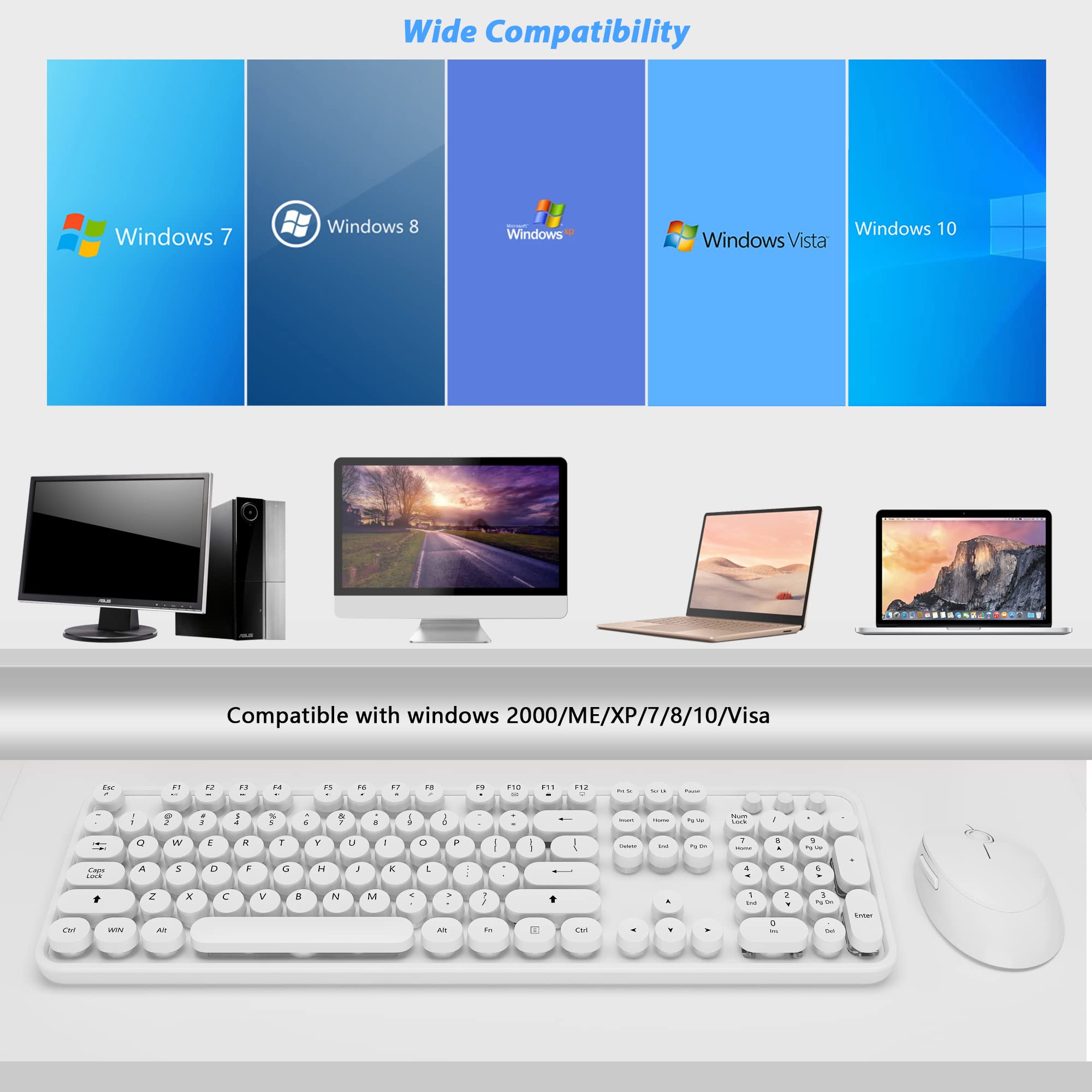 Wireless Keyboard Mouse Combo, 104 Keys Cute White Keyboard With Number Pad & Mouse For Windows, Computer, Pc, Notebook, Laptop