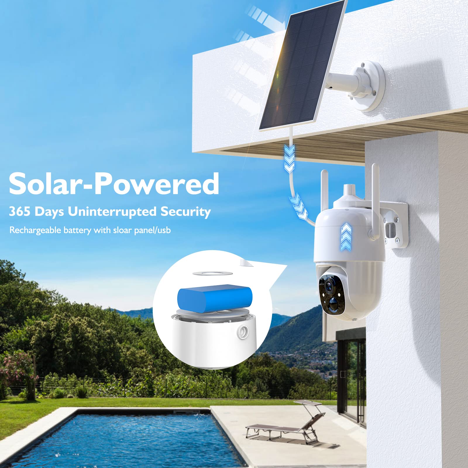 Allweviee Solar Security Cameras Wireless Outdoor, 2K 3Mp Pan Tilt 355 View Ip65 Waterproof Rechargeable Battery Powered Ptz Wif
