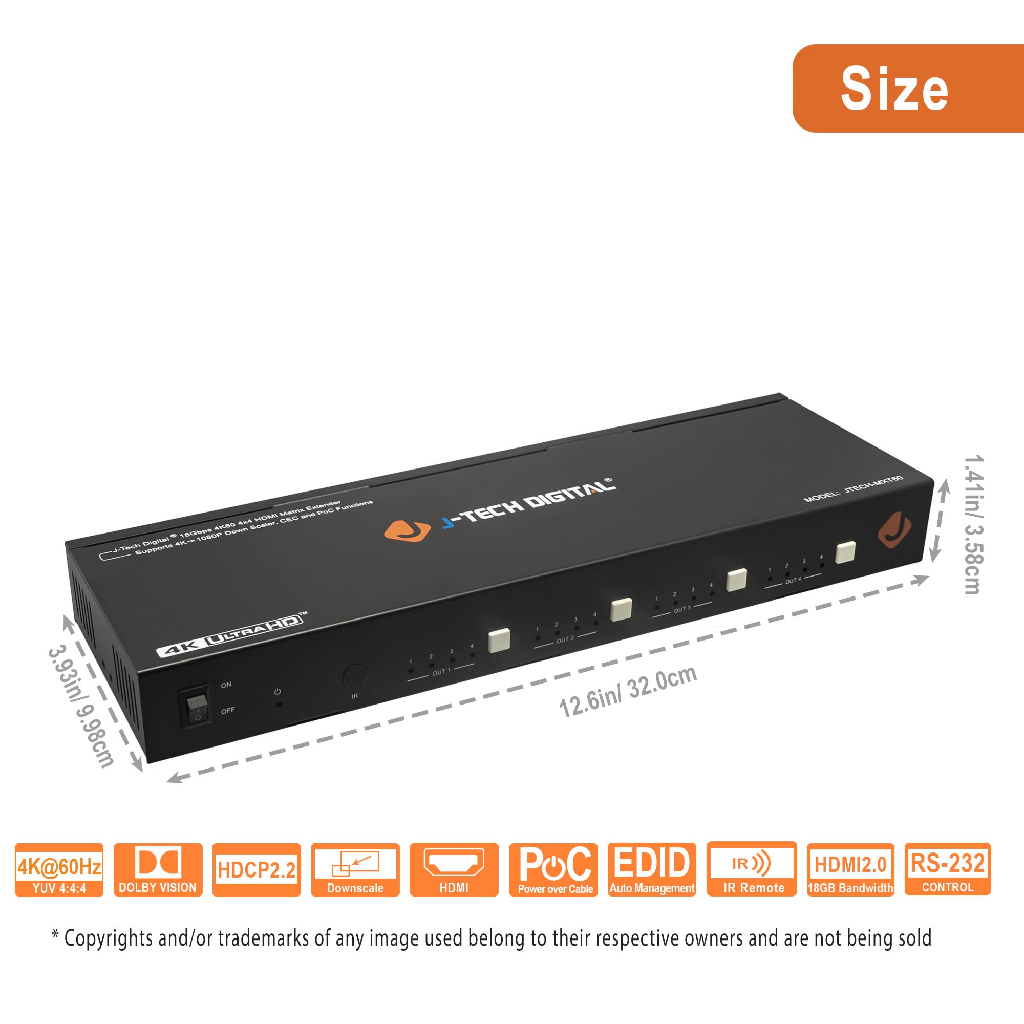 Hdmi 2.0 4X4 Matrix Switch Switcher Extender Hdcp 2.2 4K 60Hz 4:4:4 Hdr With 4 Poc Receivers Over Single Cat5E/6 Cable [Jtech Mx