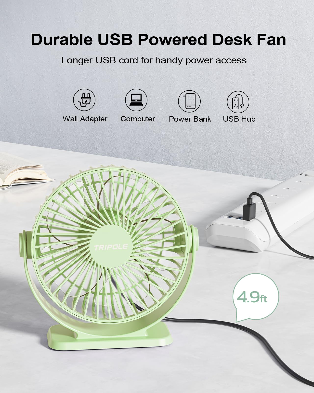 Tripole Small Desk Fan Usb Powered Personal Fan Strong Airflow 3 Speeds Mini Fan 360Rotation Portable Fan 5.1 Inch Quiet Table F