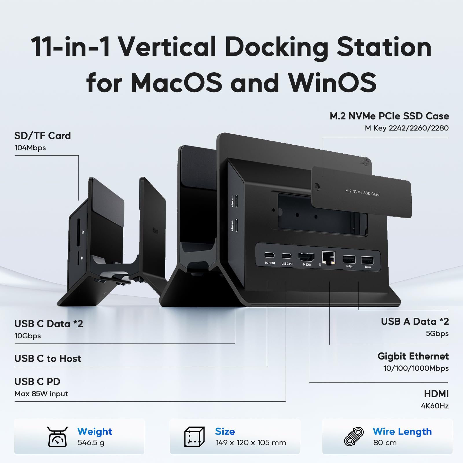 Vertical Macbook Docking Station, Pulwtop Docking Station For Mac Mini With M.2 Nvme Case For Macbook Pro/Air, 4K@60Hz Hdmi, 2Us