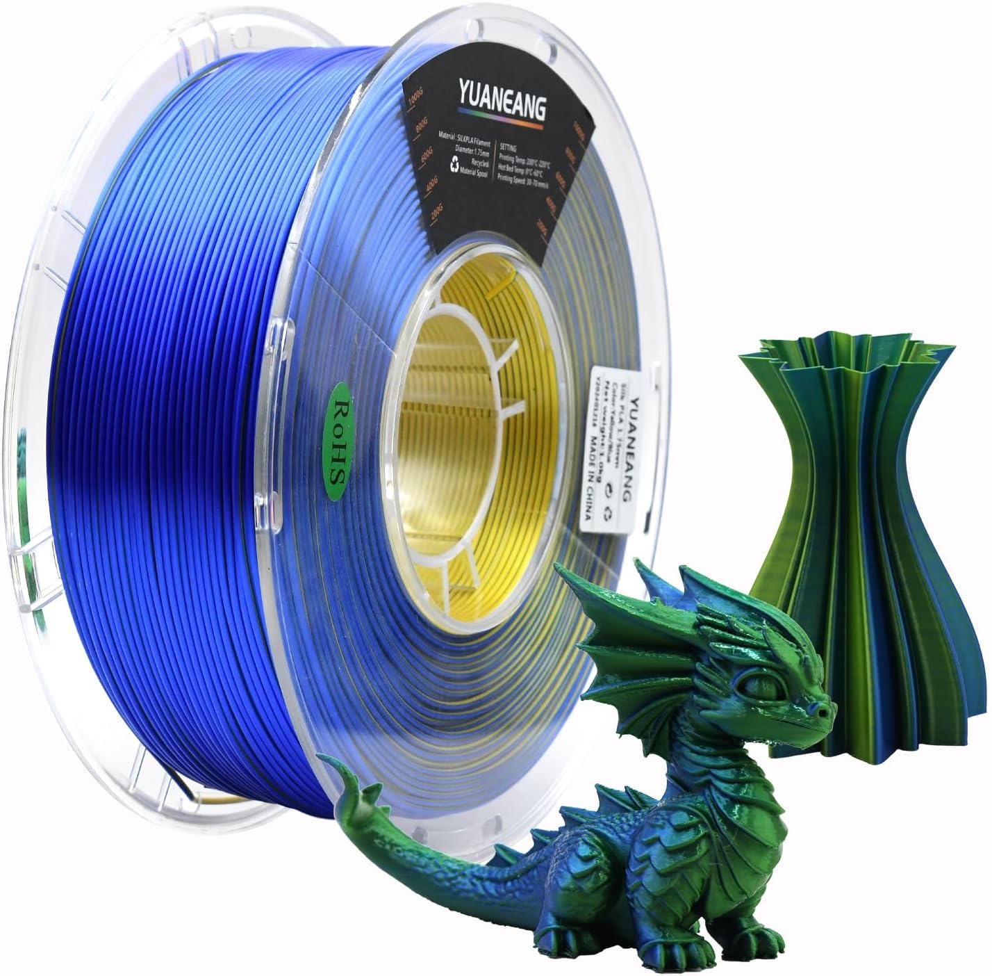 YUANEANG Dual-Color PLA Filament 1.75mm Yellow-Blue, 0.03mm Precision, 1kg Spool (2.2 lbs), Smooth Gradient Two-Tone PLA, Neatly