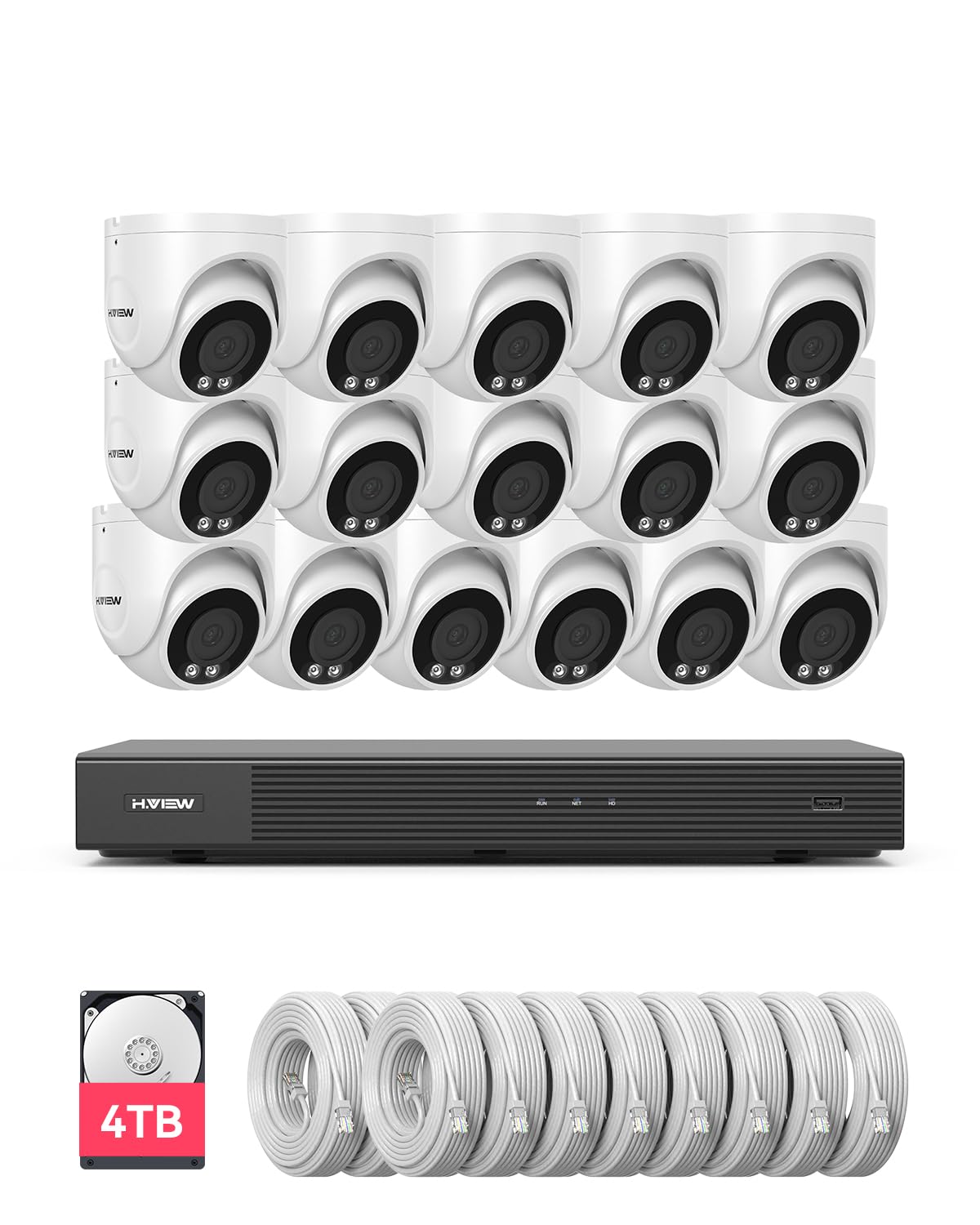 H.View 4K 16 Channel Security Camera System 16Pcs Cctv Camera Kit Poe 8Mp Indoor Outdoor Dome Wired Surveillance Video With Audi
