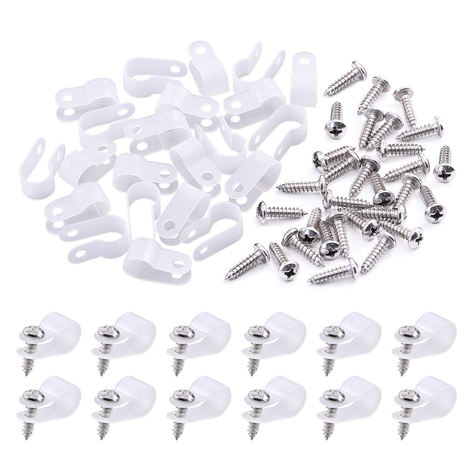 Swpeet 120 Pack White 3/8 Inch Nylon Plastic R Type Cable Clips Clamp Kit, Nylon Screw Mounting Cord Fastener Clips With 120 Pac