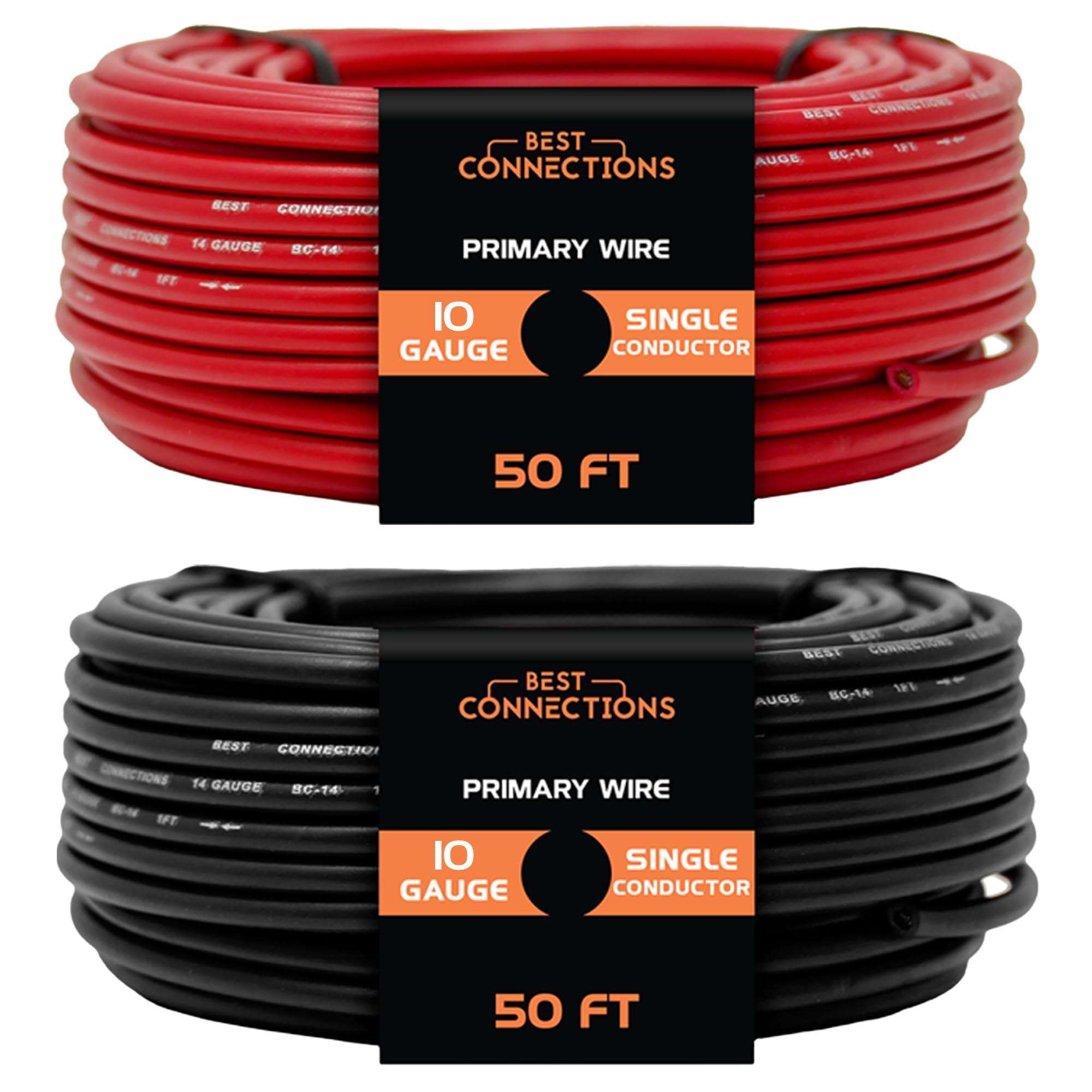 Best Connections 10 Gauge Automotive Primary Wire Bundle (50Ft Each, Red & Black) | Ideal For Car Audio, Automotive, And Trailer
