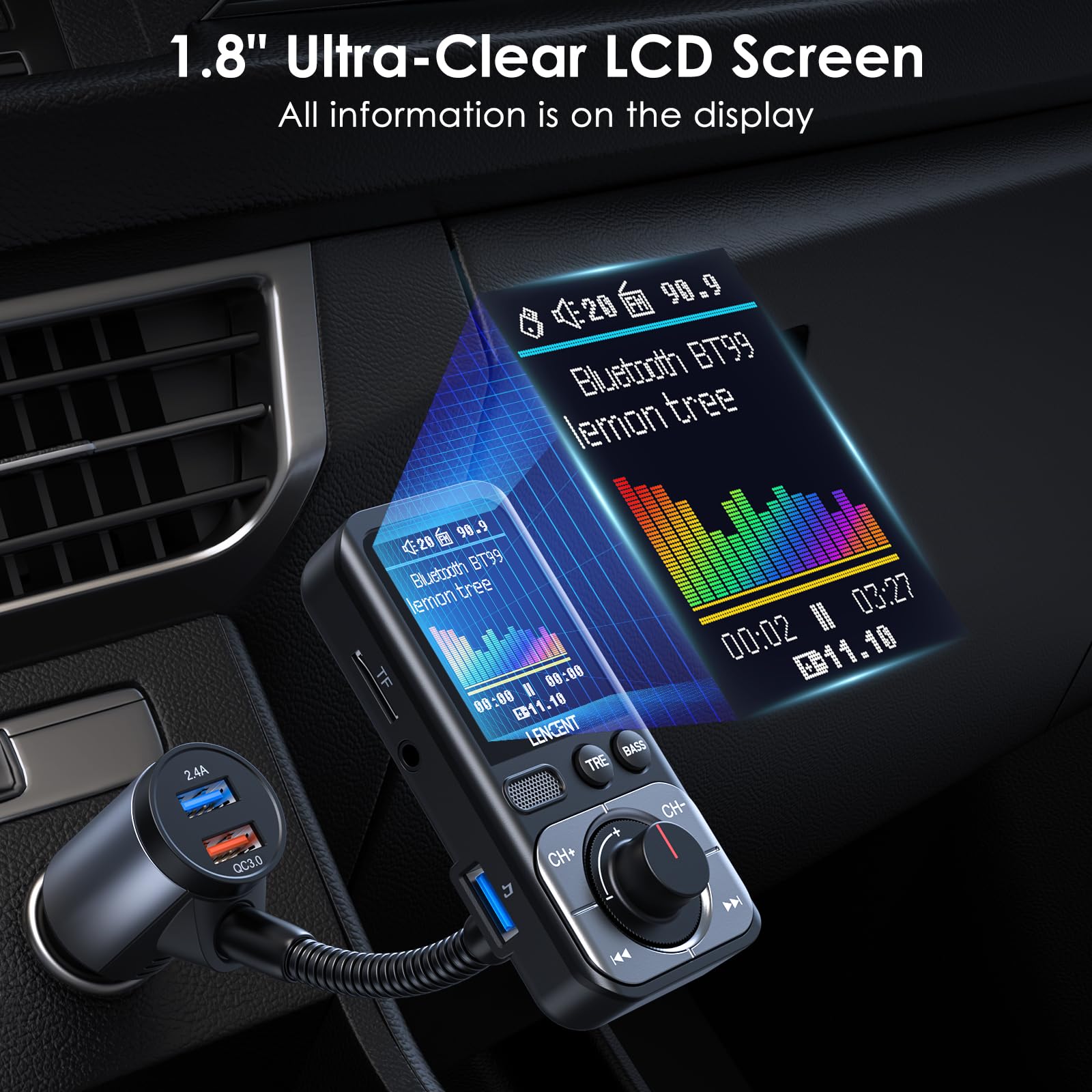 Lencent Bluetooth 5.0 Fm Transmitter For Car, Aux Car Radio Adapter, Big Color Screen, Mp3 Music Player Tre&Bass Booster, Qc3.0