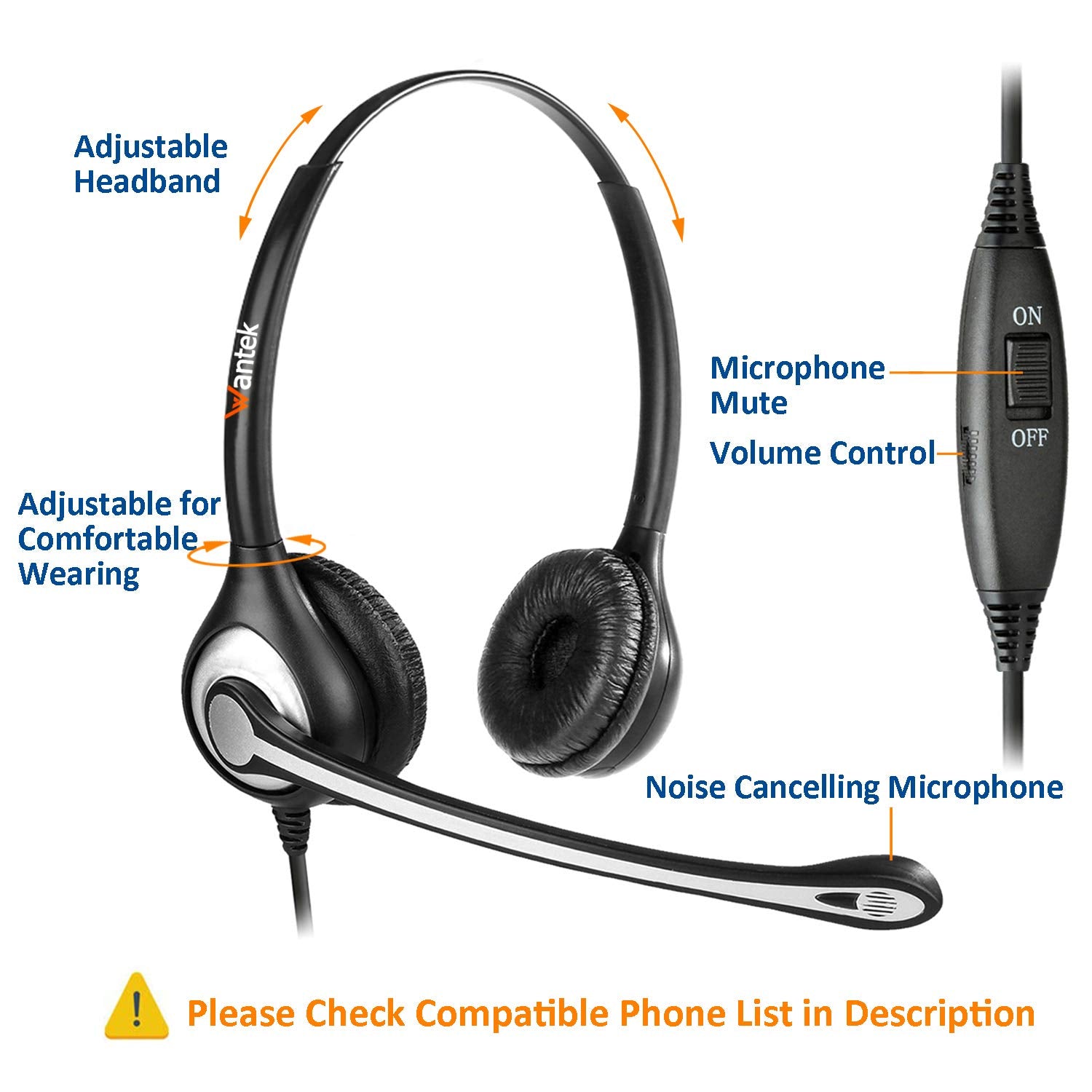 Wantek Wired Telephone Headset Dual Ear With 2.5Mm Jack, Noise Cancelling Mic, Quick Disconnect, Work For Cordless Phones At&T M