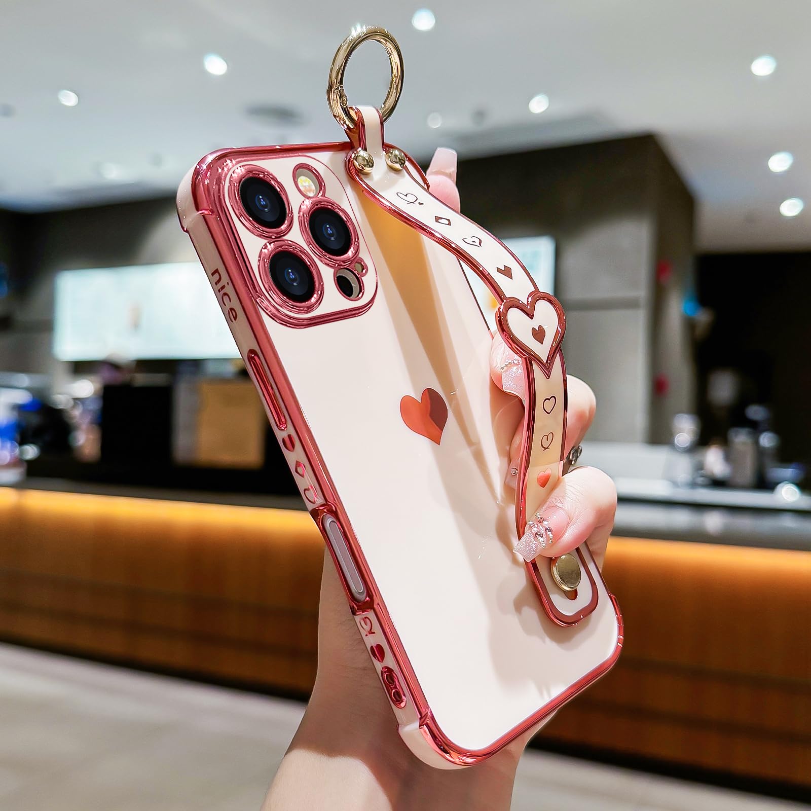 Llz.Coque For Iphone 16 Pro Max Case With Strap For Women Girls [2   Screen Protectors], Cute Love Hearts Design, Wristband Kick
