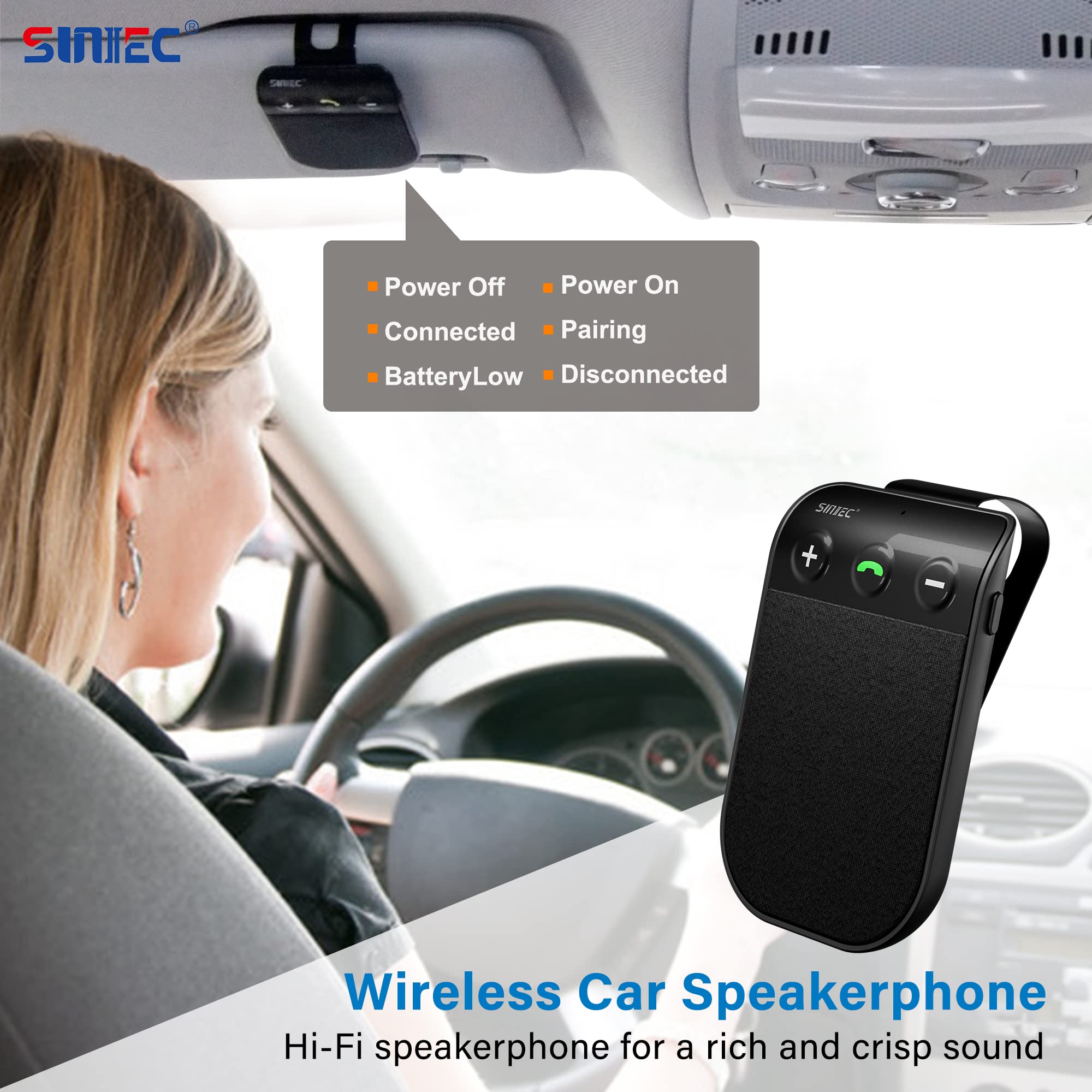 Suniec Handsfree Bluetooth Speaker Phone For Cell Phone Car Kit, Hands Free Calling Bluetooth For Car, Auto Power On Off Support