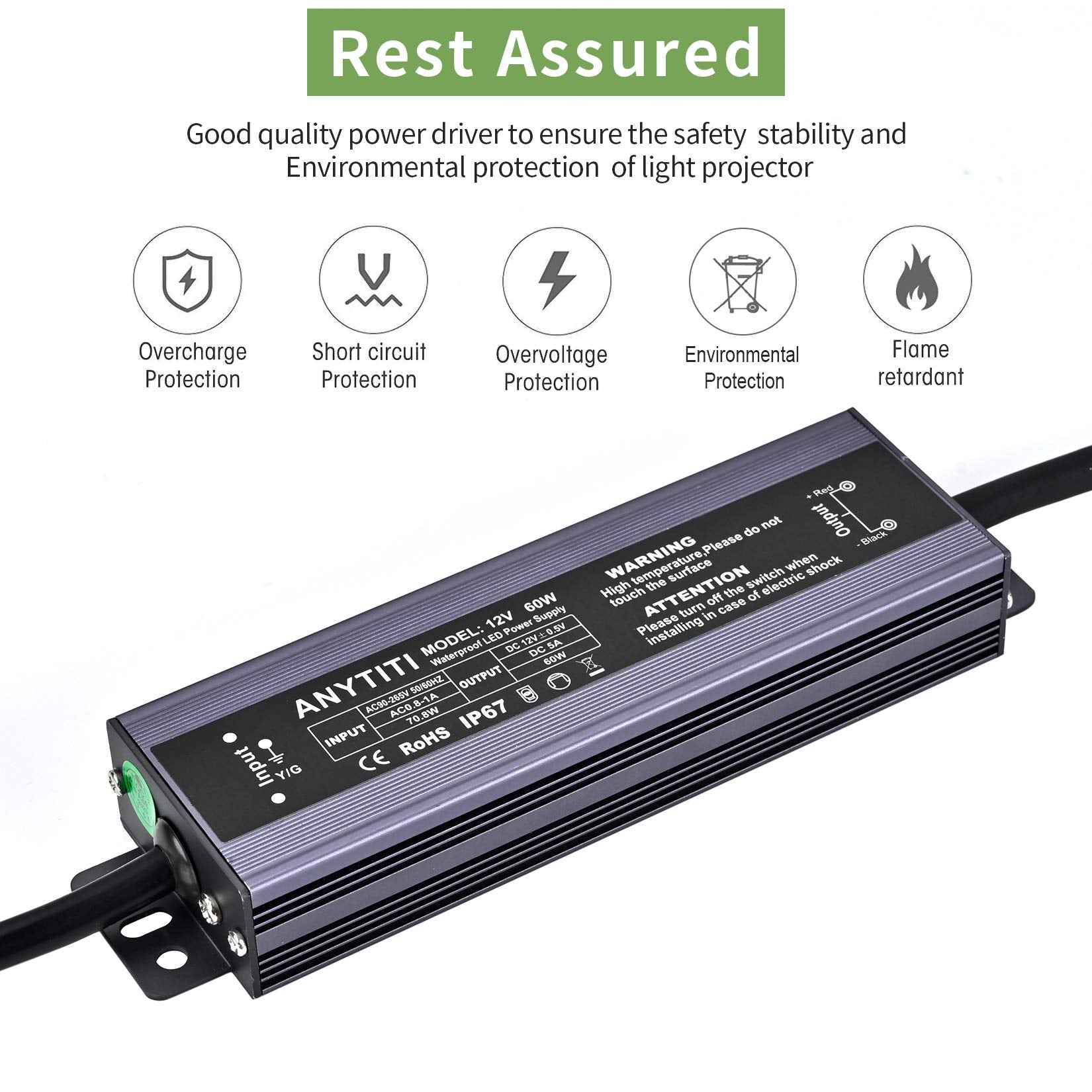 Anytiti Led Driver,Led Power Supply Ip67 Waterproof Output 60W Dc12V 5A 3 Prong Plug 4.5Feet