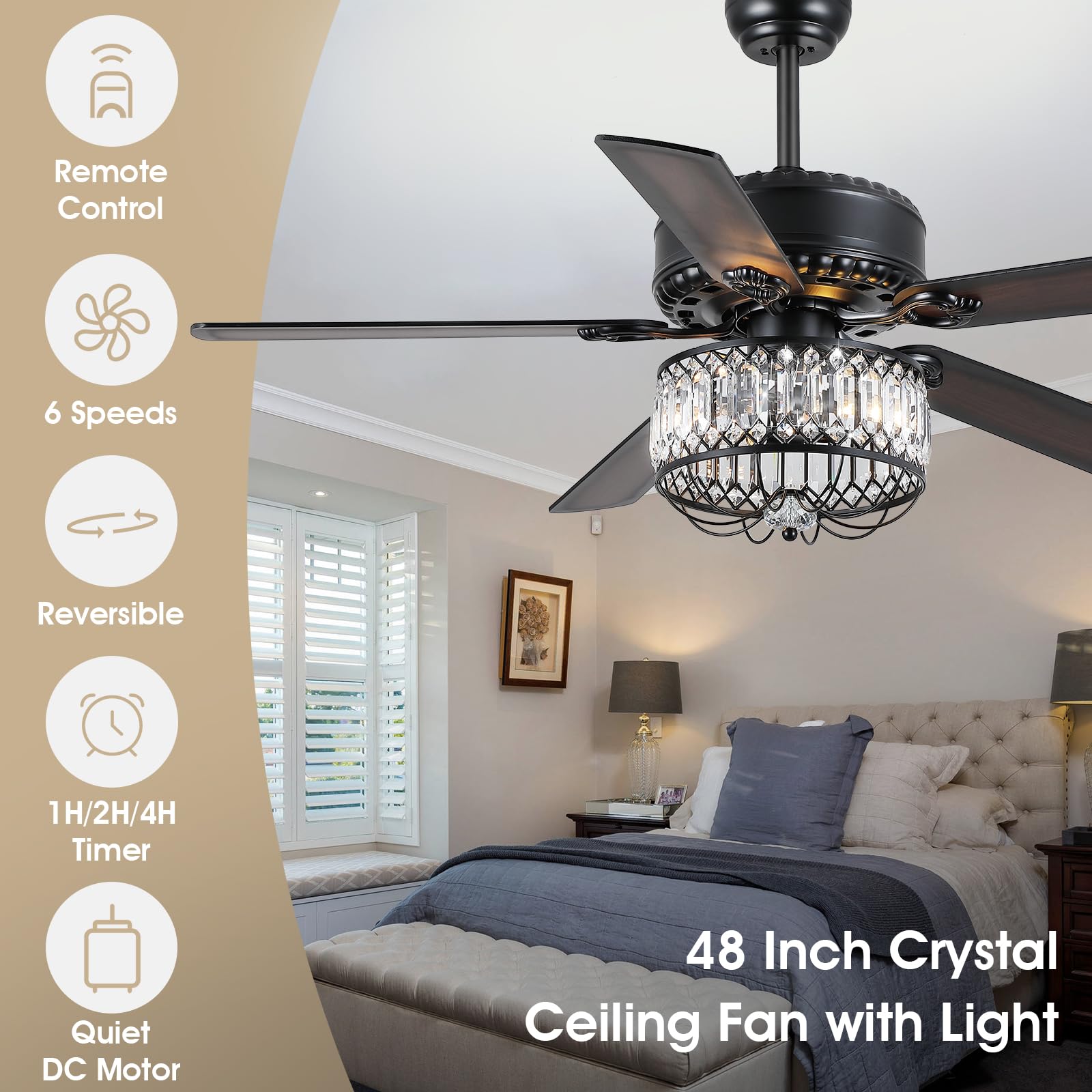 Kviflon Chandelier Ceiling Fans With Lights   52 Inch Modern Farmhouse Fandelier Ceiling Fan With Remote, Crystal Ceiling Fan Li