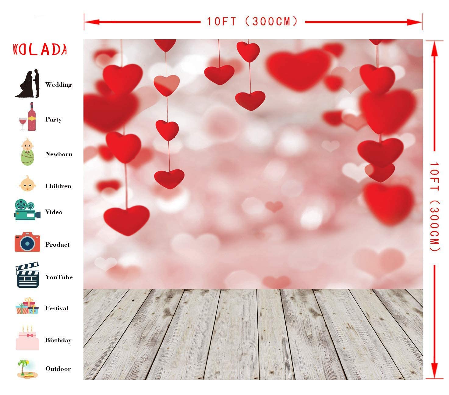 Wolada 10X10Ft Valentine'S Backdrop For Photography Valentine'S Day Backdrop Rustic Wood Red Love Heart Backdrop Romantic Love Theme Backdrop Engagement Wedding Party Decoration Photo Backdrop 10870