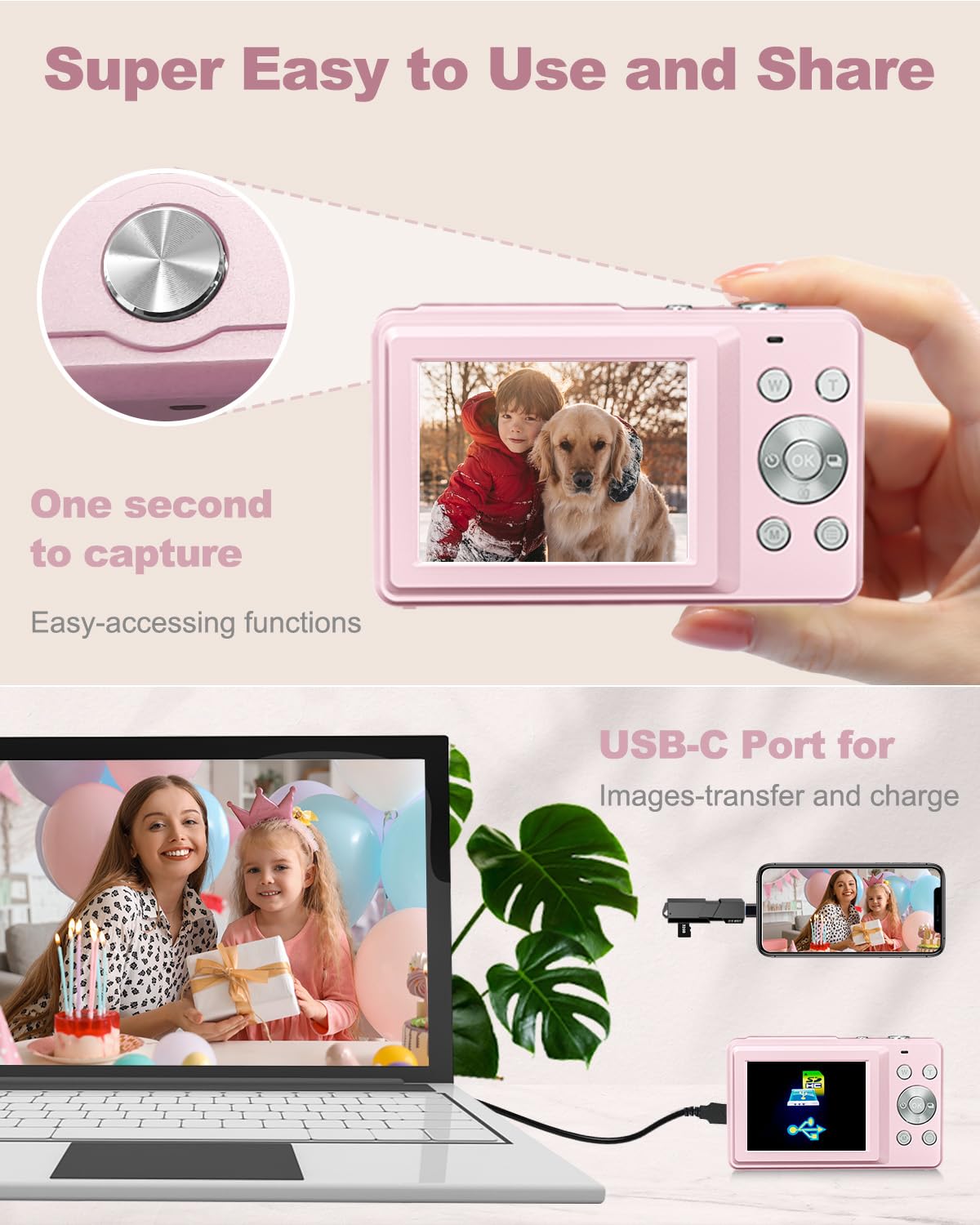 Digital Camera, Fhd 1080P Kids Camera 44Mp Point And Shoot Digital Cameras With 32Gb Card, Lanyard, 16X Zoom Anti Shake, Vintage Portable Small Camera For Kids Boys Girls Teens Students, Pink