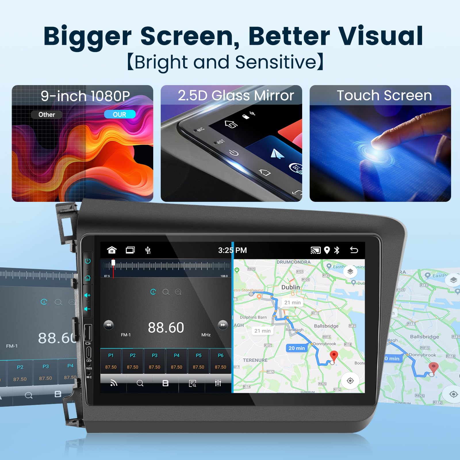 For Honda Civic 2012 2013 2014 2015 Android Car Stereo With Wireless Carplay Android Auto 2G+64G Wifi Gps Navigation Radio Player Android Auto 9� Touchscreen Audio Backup Camera Multimedia Head Unit