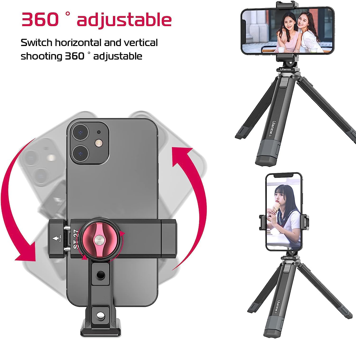 Metal Phone Tripod Mount 3 Cold Shoes & Arca Port, 360� Smartphone Tripod Adapter For Iphone Samsung Cell Phone Stand Holder For Desktop Tripod Video Live Streaming Vlogging Rig
