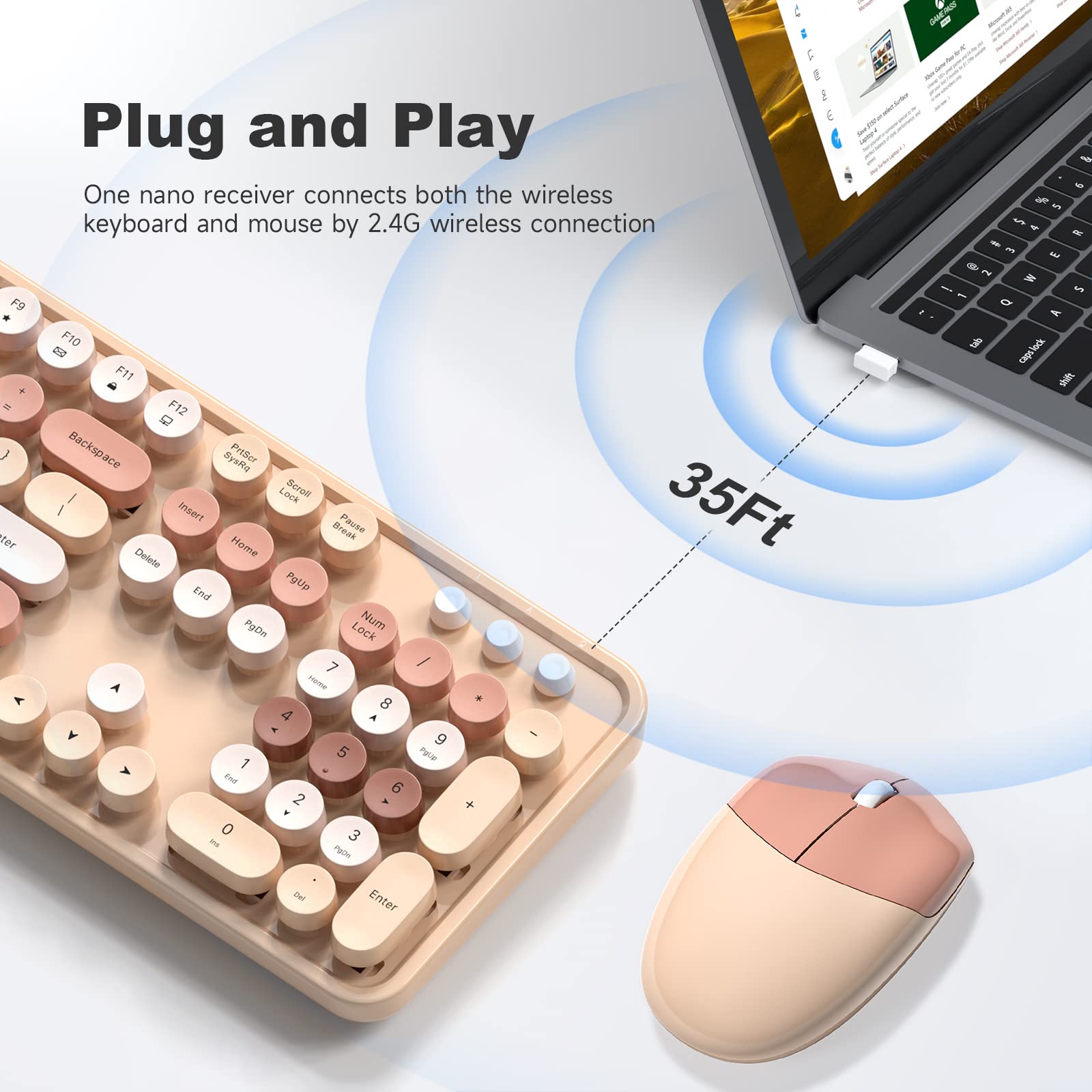 Mofii Wireless Keyboard And Mouse Combo, Milk Tea Colorful Round Key Typewriter Keyboards, 2.4G Full Size Keyboard And Cute Wire