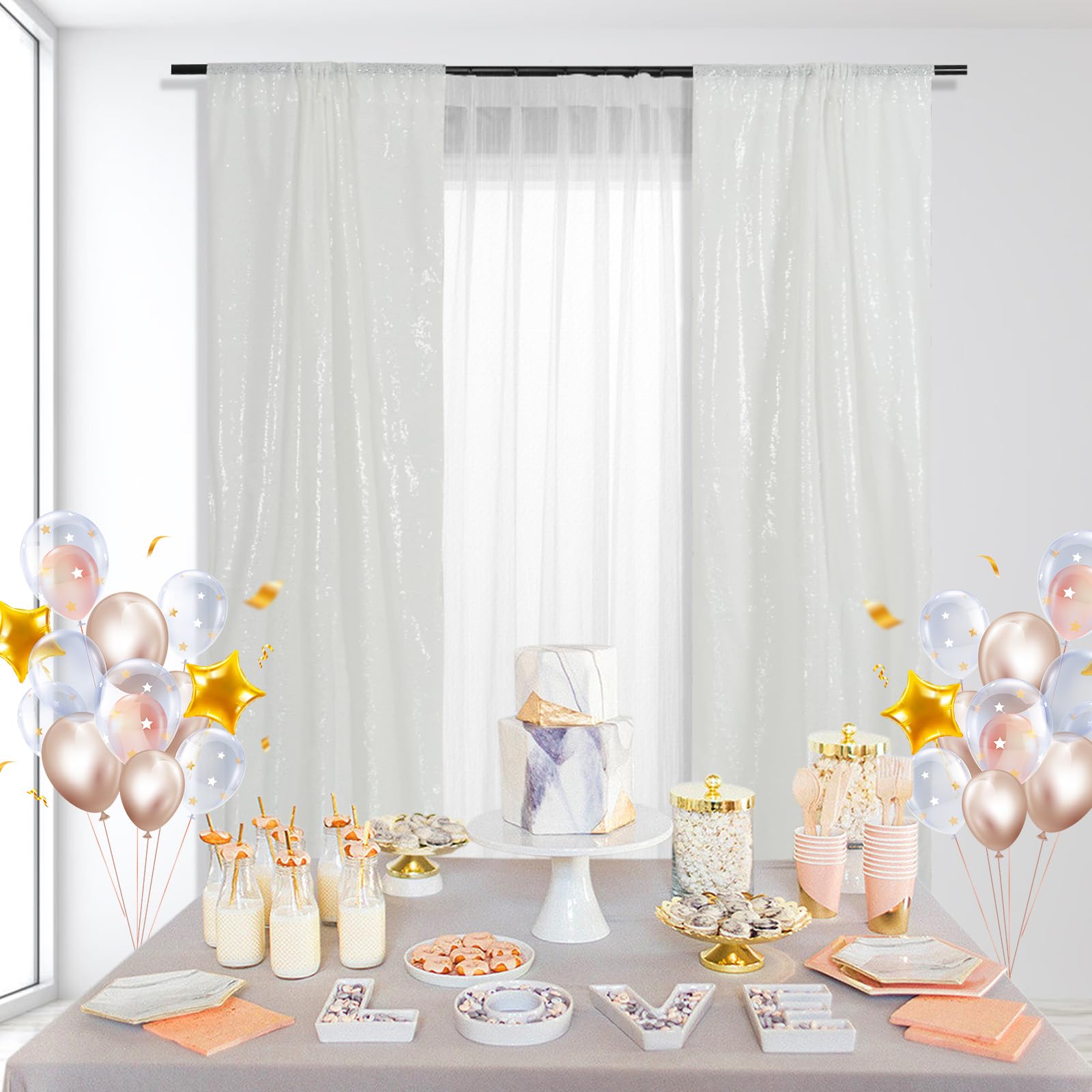 Partydelight White 2Ft X 8Ft Sparkly Sequin Backdrop Curtains, 2 Panels, For Wedding, Party, Room Decorations