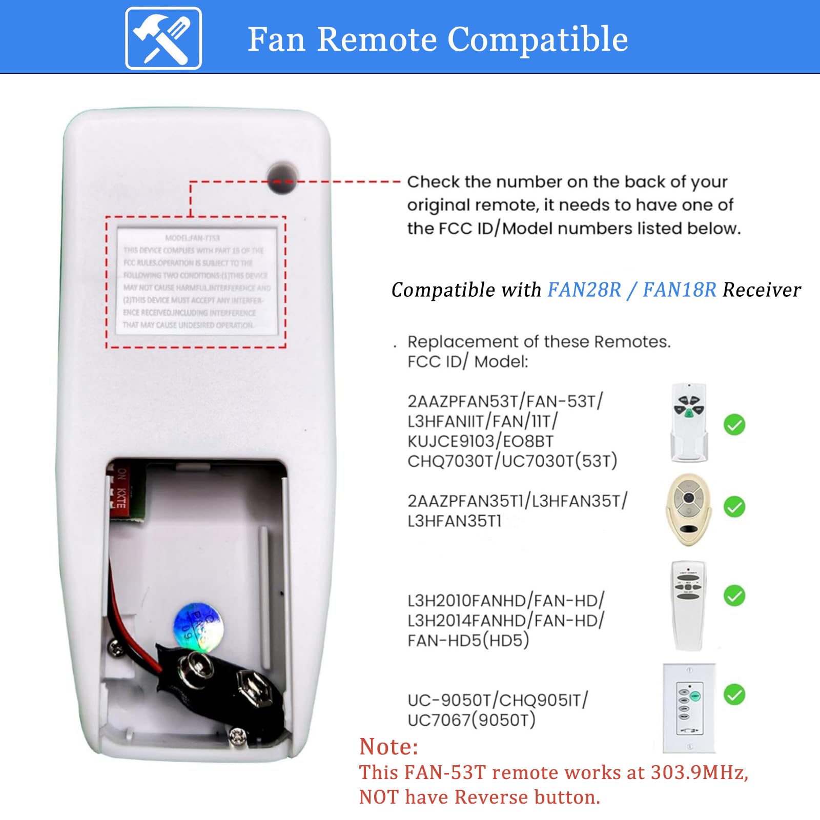 Fan53T Ceiling Fan Remote Control Replacement For Harbor Breeze, Allen+Roth, Kichler, Litex, Hampton Bay Ceiling Fans, 3-Speed,