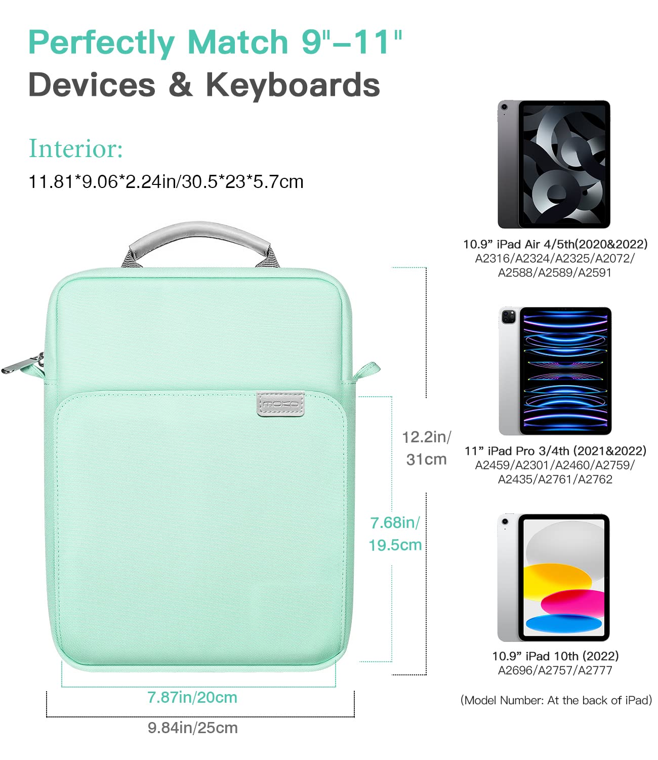 MoKo 9 11 Inch Tablet Sleeve Bag Handle Carrying Case with Shoulder Strap Fits New 11 inch iPad Pro M4/iPad Air M2, iPad 10th 10.9, iPad 9/8/7th 10.2, iPad Air 5/4th 10.9, Tab S8/S9 11, Mint Green