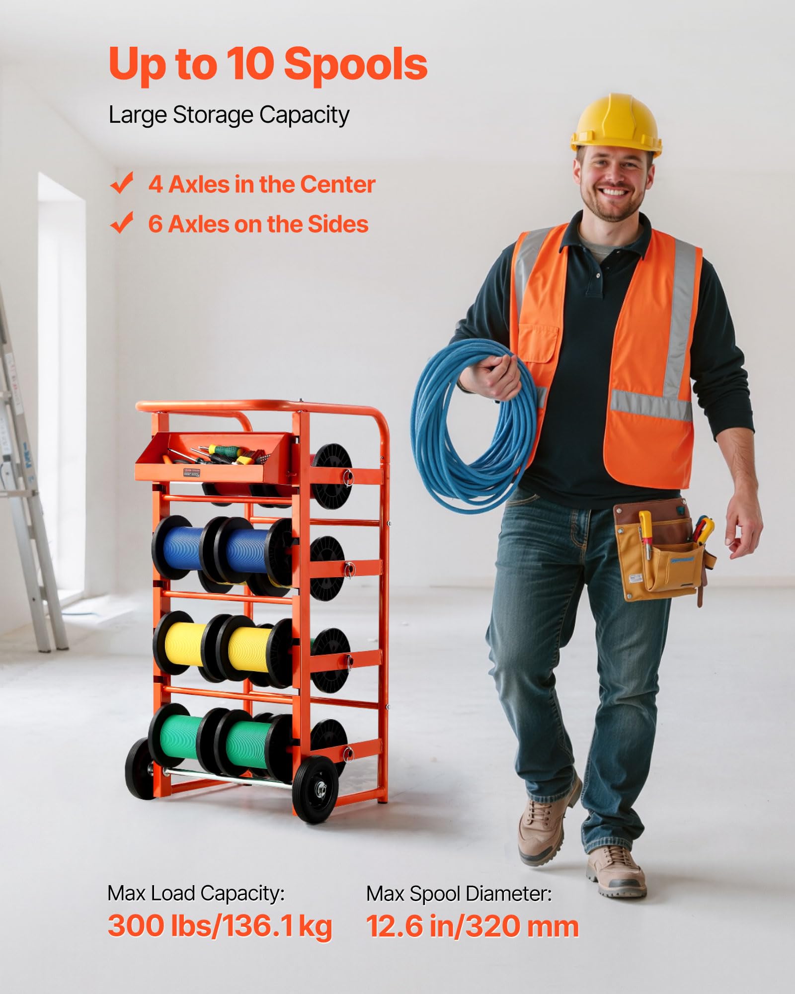 Vevor Wire Spool Rack, 11 Rods, Multi-Spool Wire Rack Dispenser, Cable Caddy With Wheels, Cable Holder With Storage Tray For Wir