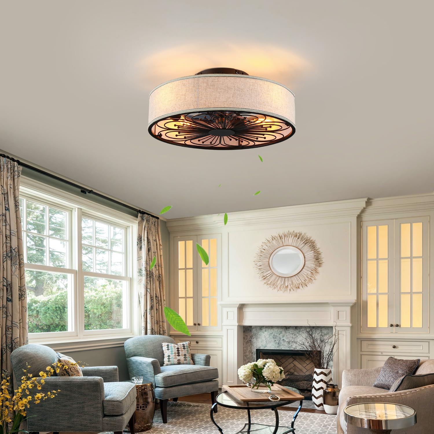 20'' Boho Rattan Caged Ceiling Fan With Light,Low Profile Flush Mount Bladeless Ceiling Fan With Remote Control, 6 Speeds Revers