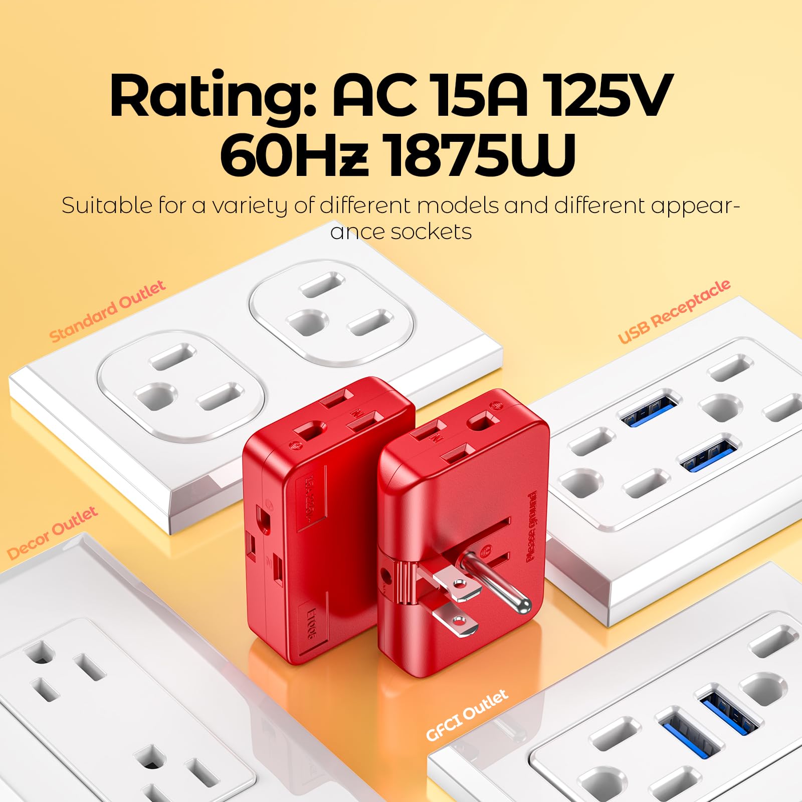Red 3 Prong Outlet Splitter & Plug Extender   Converts 2 To 3 & 3 To 2 Prong, Multi Plug Wall Adapter, Side Plugs For Wall Outle