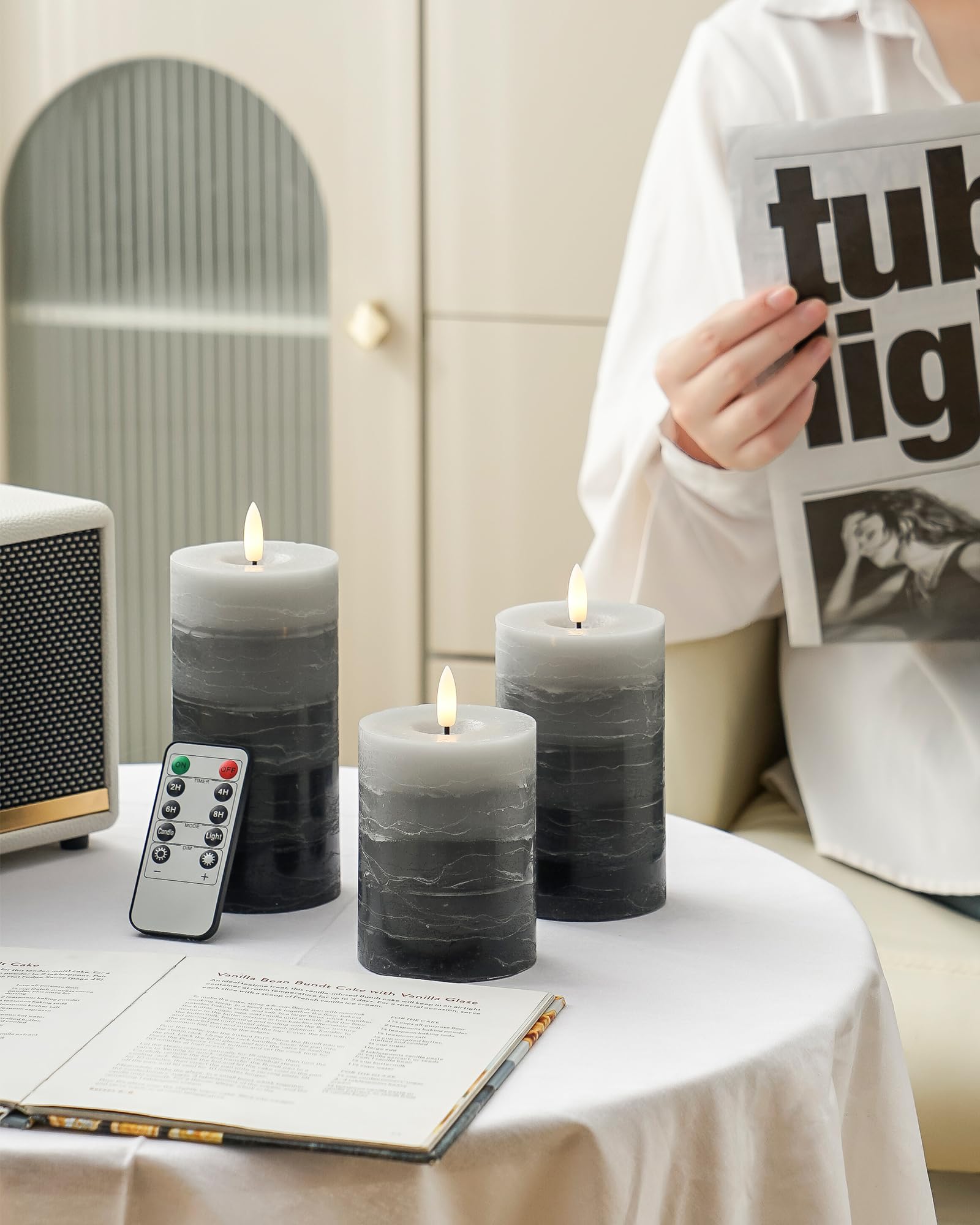 Stmarry Distressed Gradient Gray Flameless Candles With Remote And Timer, Real Wax Made Led Pillar Candles Battery Operated With