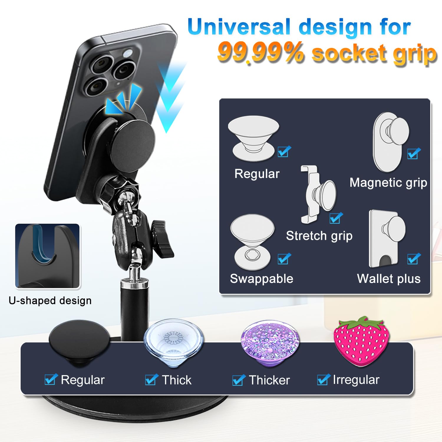 Desk Phone Stand For Pop Socket, Adjustable Desktop Cell Phone Holder Stand Cradle Heavy Duty Phone Mount For Desk, Office, Home