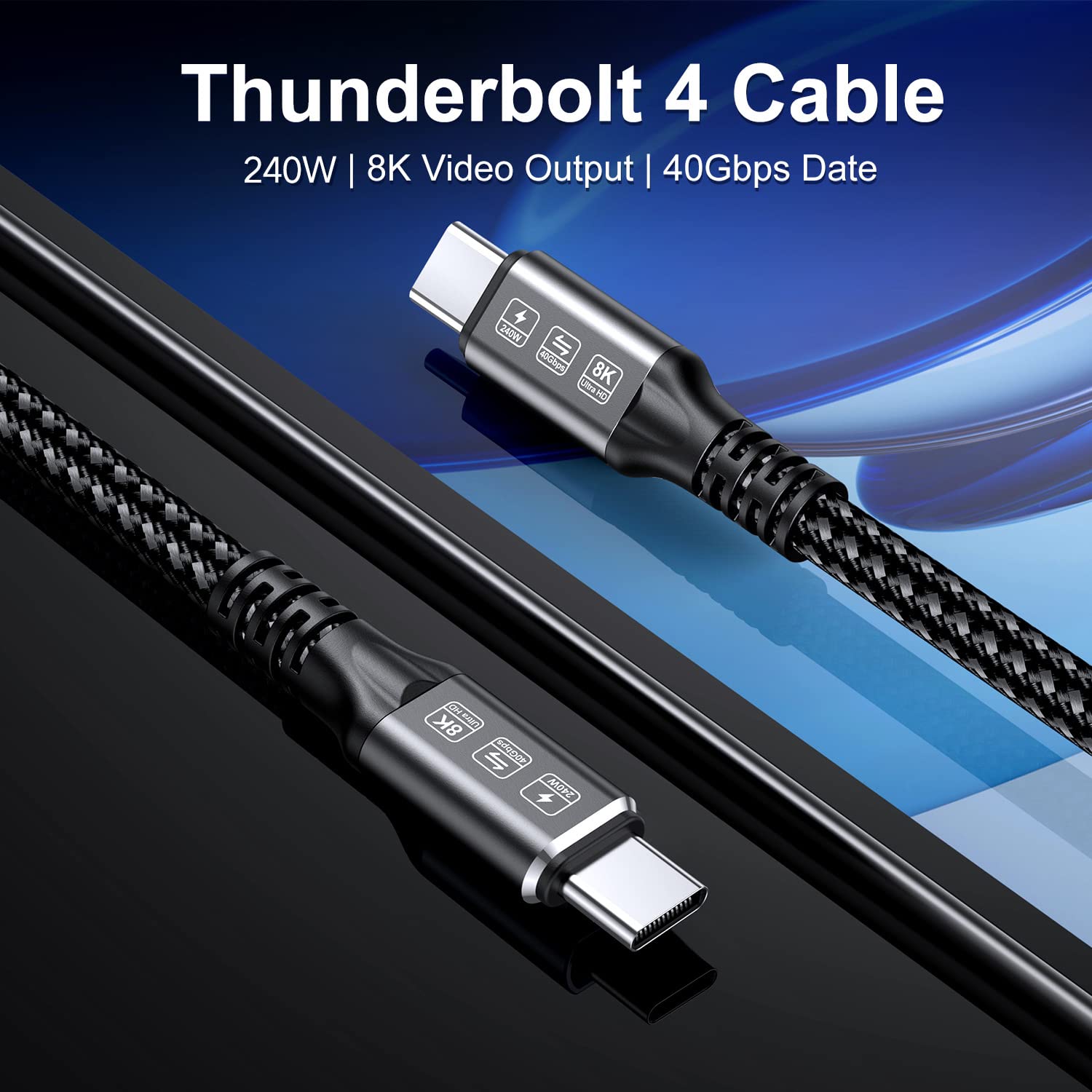 240W Thunderbolt 4 Cable 6.6Ft Usb C Thunderbolt 4 Cable Monitor Cable Supports 40Gbps Data Transfer And Single 8K/Dual 4K Video