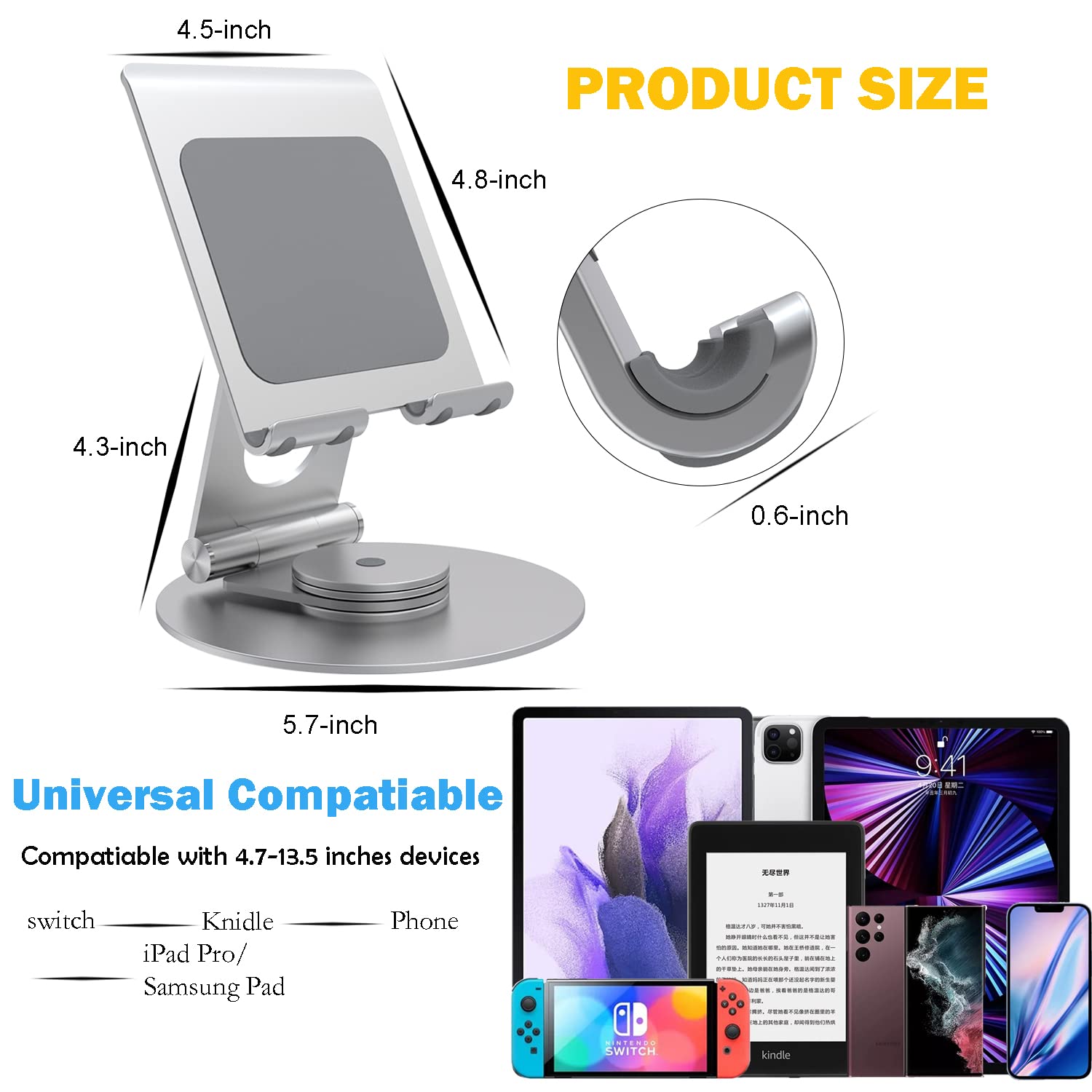 Kabcon Tablet Stand Swivel,Aluminum Portable 360�Rotating Tablet Stand Holder For Desk,Business,Kitchen,Desktop,Tablet Table Stand For Ipad Pro 9.7,10.5,12.9/Air Mini,Tab,Kindle,Nexus,E Reader