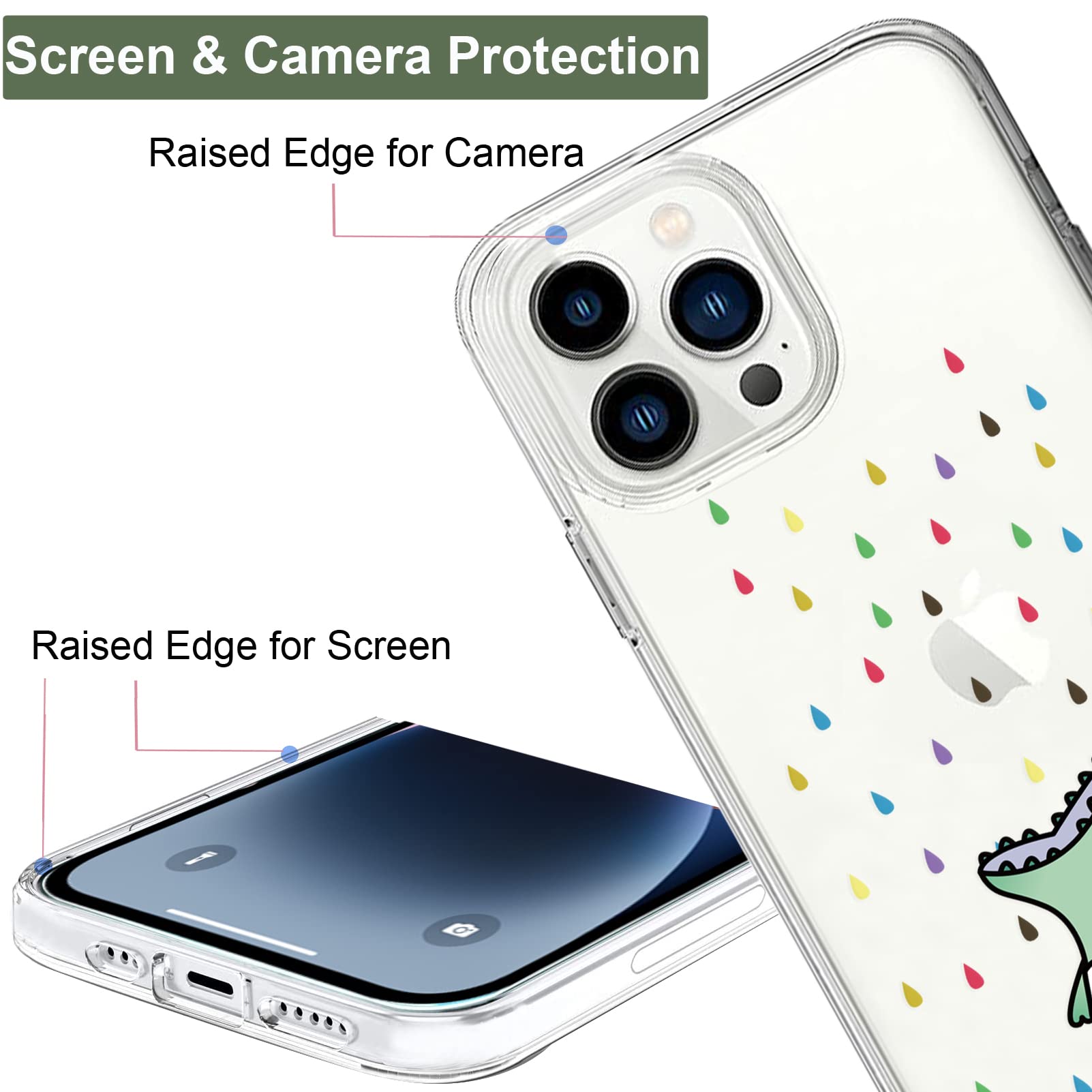 Unov iPhone 14 Pro Clear Phone Case Embossed TPU Rainbow Dinosaur 6.1 Inch