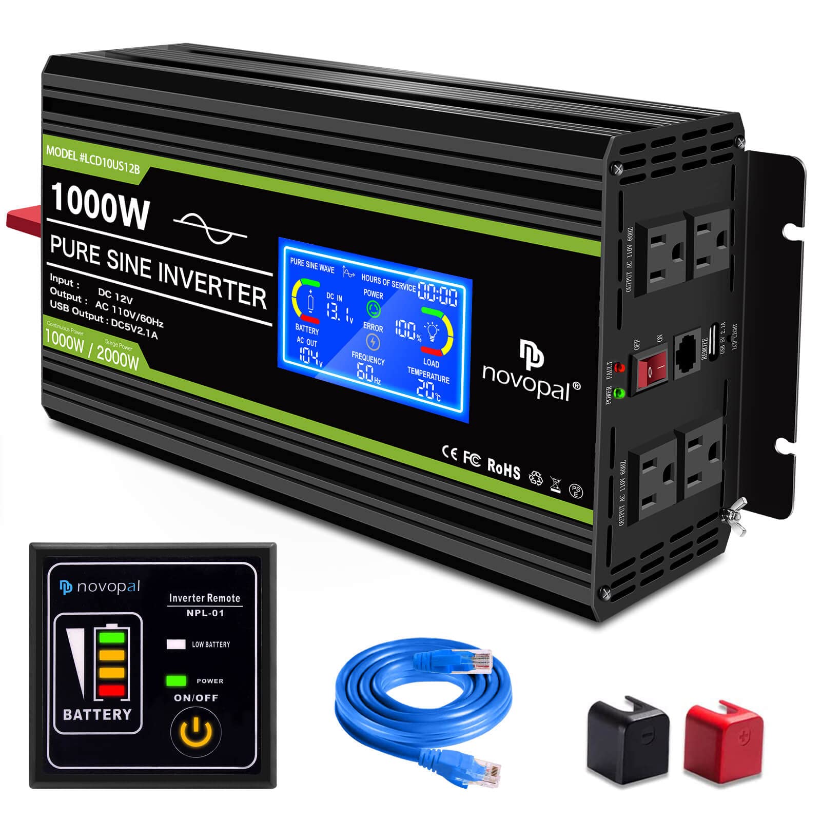Novopal 1000 Watt Pure Sine Wave Power Inverter 12V Dc To 110V/120V Ac Converter  4 Ac Outlets Car Inverter With 1 Usb Port 16.4
