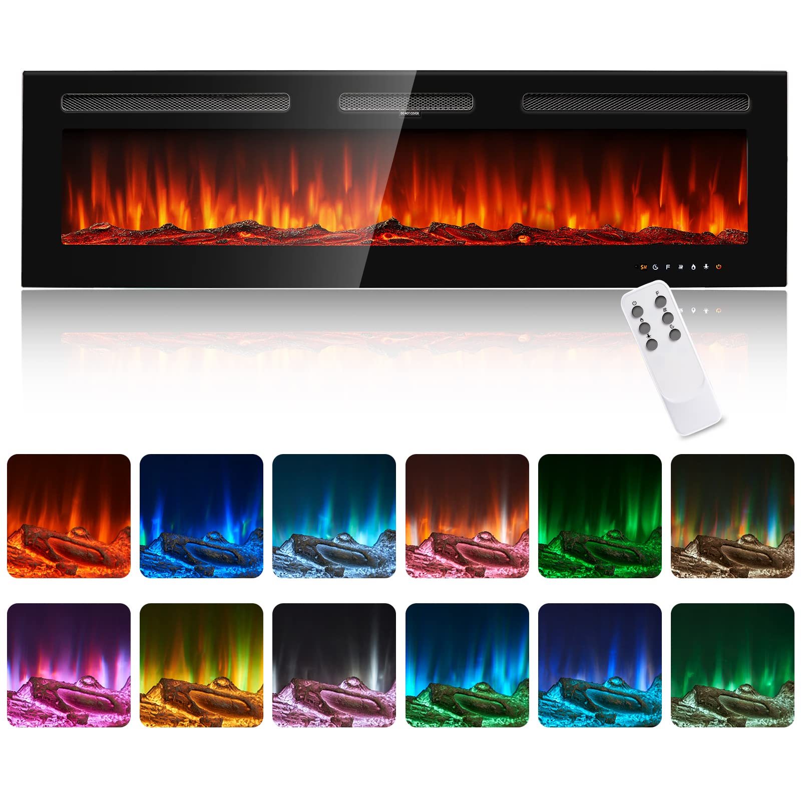 Oneinmil Electric Fireplace, 60 Inch Wide Recessed And Wall Mounted Electric Fireplace, 750W/1500W, 12 Color Flame, Remote Contr