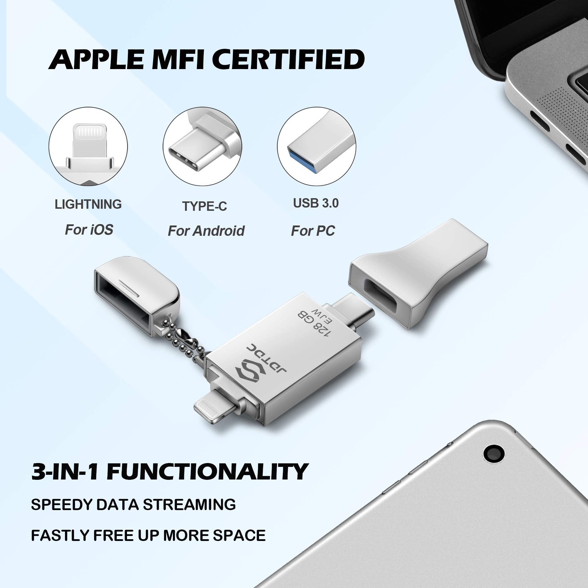 JSL JDTDC 128GB Apple MFi Certified iPhone Photo Stick, 3-in-1 USB-C Flash Drive for iPhone 14-17, Silver