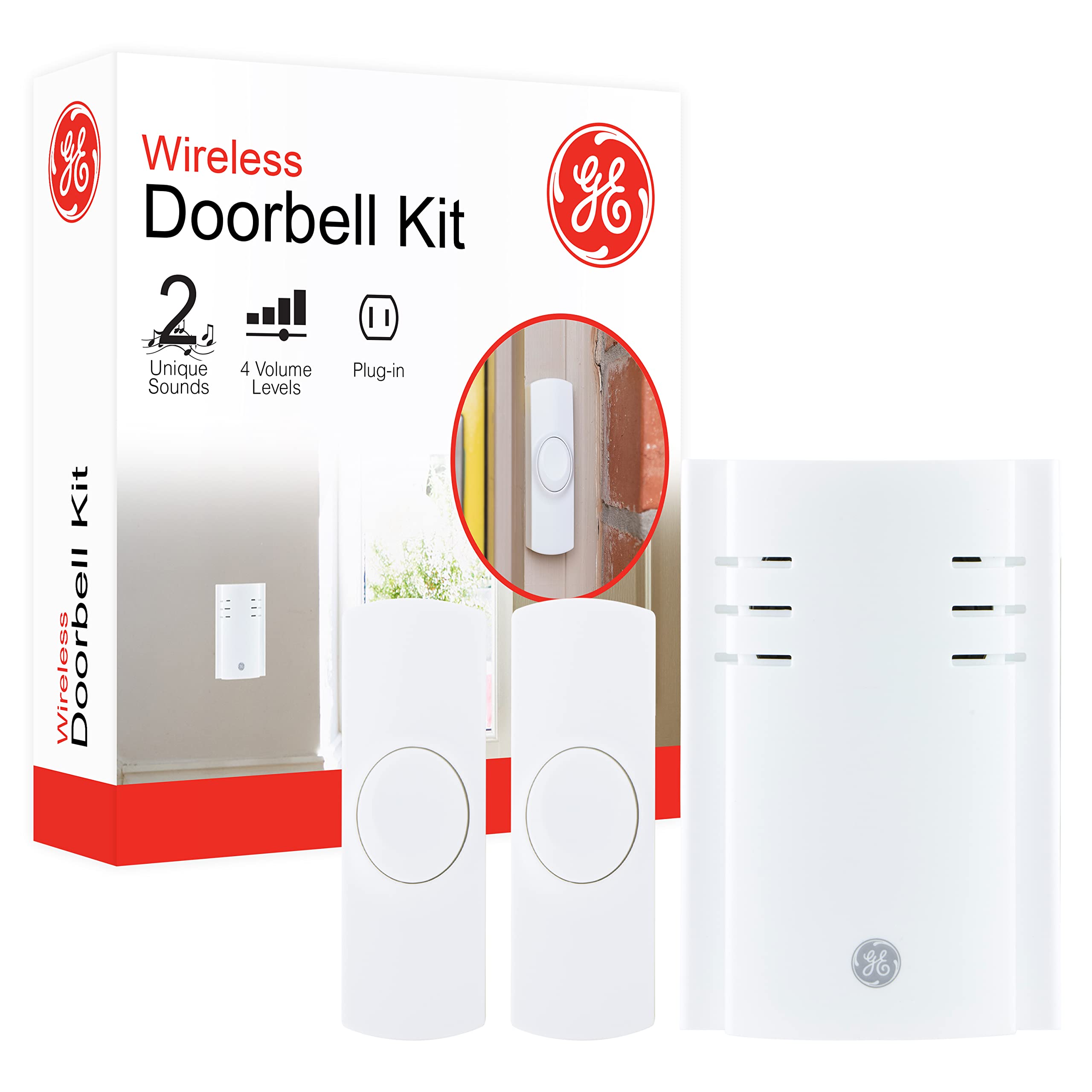 Ge Wireless Doorbell Kit, Plug In Receiver, 2 Push Buttons Door Bell, 8 Melodies Doorbell Chime, 4 Volume Levels, Classroom Doorbell, 150 Ft Range, White, 19300