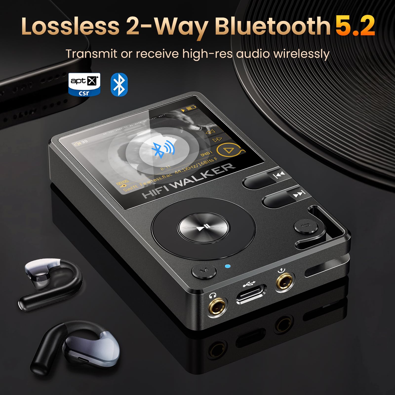 Hifi Walker H2 Hifi Mp3 Player With Bluetooth 5.2, Lossless Dsd Flac Player, Digital Audio Player Hi Res Portable Music Dap Play