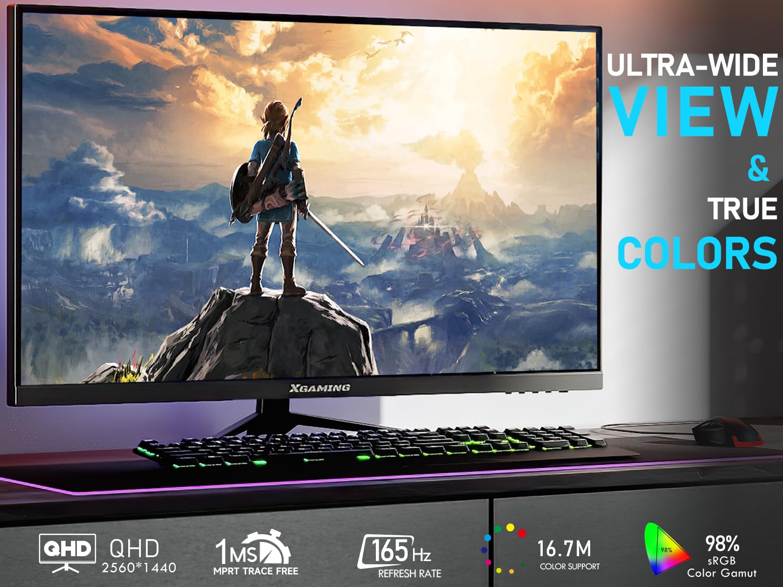 Xgaming 27 Inch Gaming Monitor, Qhd 2560 * 1440P, 144Hz/165Hz 98% Srgb, 1Ms, Freesync, Dual Hdmi&Displayport, Built In Speakers