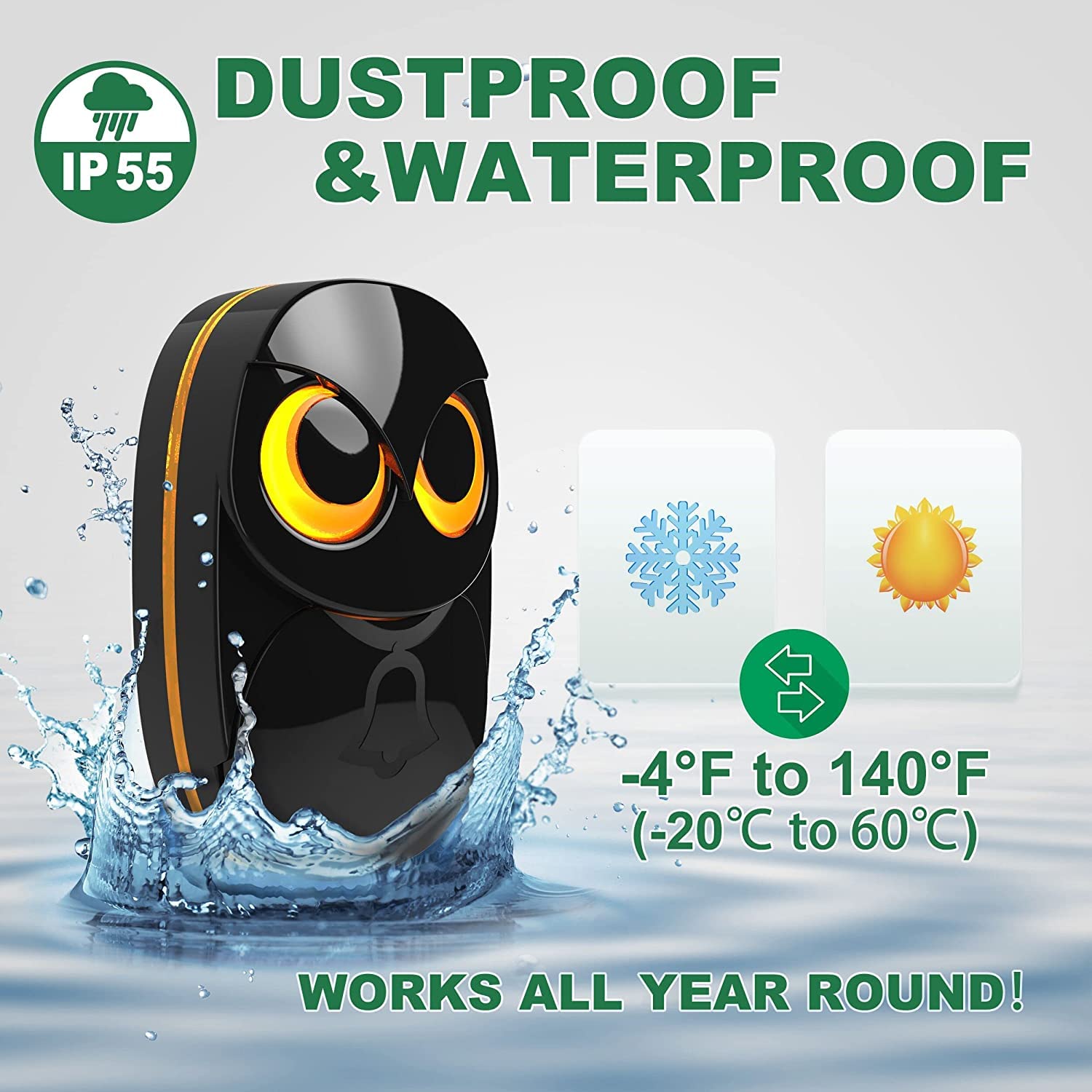 Wireless Doorbell, Cute Owl Doorbell Weatherproof Ip55 Outdoor Remote Push Button  1000 Feet Long Wireless Range  35 Classic Mel