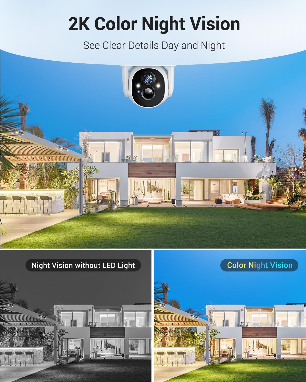 Solar Security Camera Wireless Outdoor, 2K Wifi Cameras For Home Security, 360 Ptz Surveillance Camera With Pir, Color Night Vis
