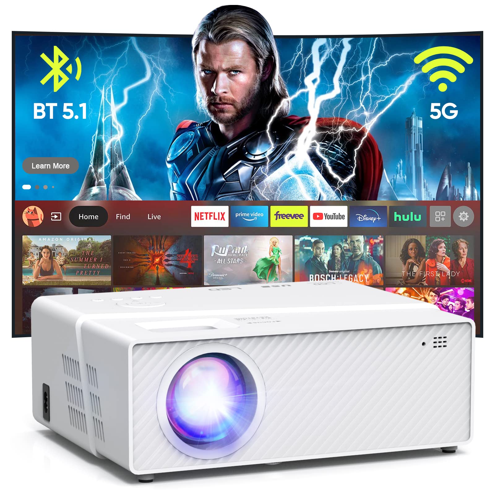 5G Wifi Bluetooth Projector With Screen, 16000 Lumens/450 Ansi Real Native 1080P 4K Outdoor Projector For Theater Movies, Synchr