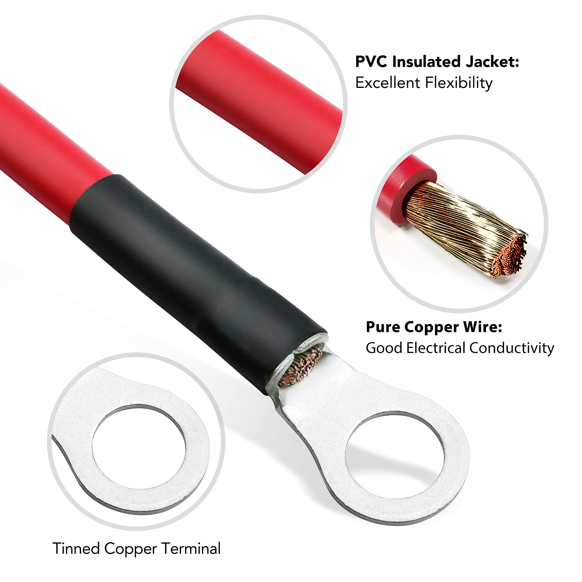 Lotfancy 4 Awg Battery Cables, 4 Gauge 2 Feet Red + 2 Feet Black Pure Copper Wires With 3/8'' Lugs Both Ends For Car Marine Sola