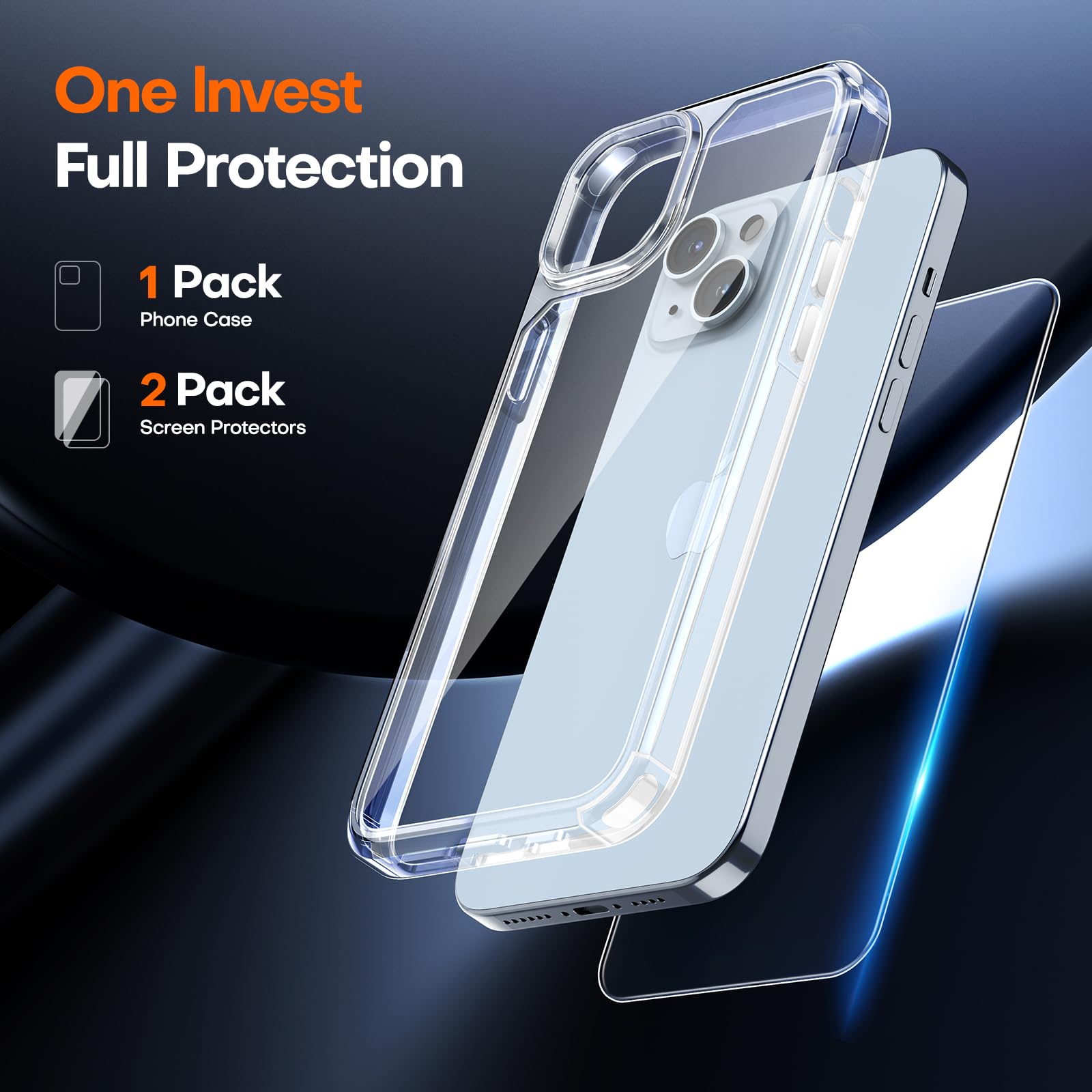 Tauri 3 In 1 For Iphone 15 Plus Case Clear, [Not Yellowing] With 2X Screen Protector, [Military Grade Drop Protection] Shockproo