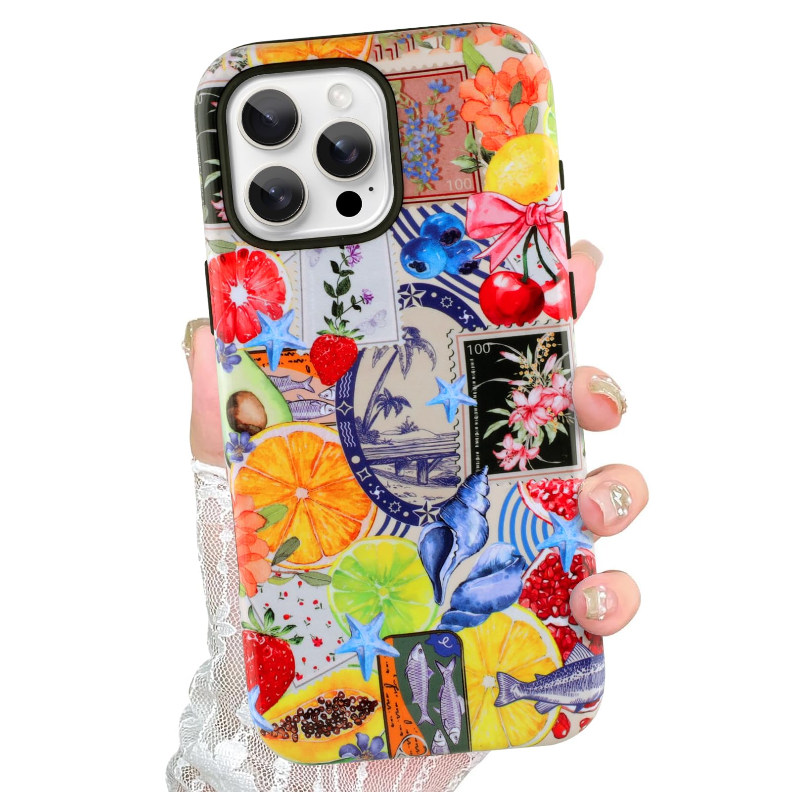 Jefonha For Iphone 16 Pro Max Case Cute Aesthetic For Women Girls, Classic Retro Western Fruit Stamp Seashell Costal Collage Sum
