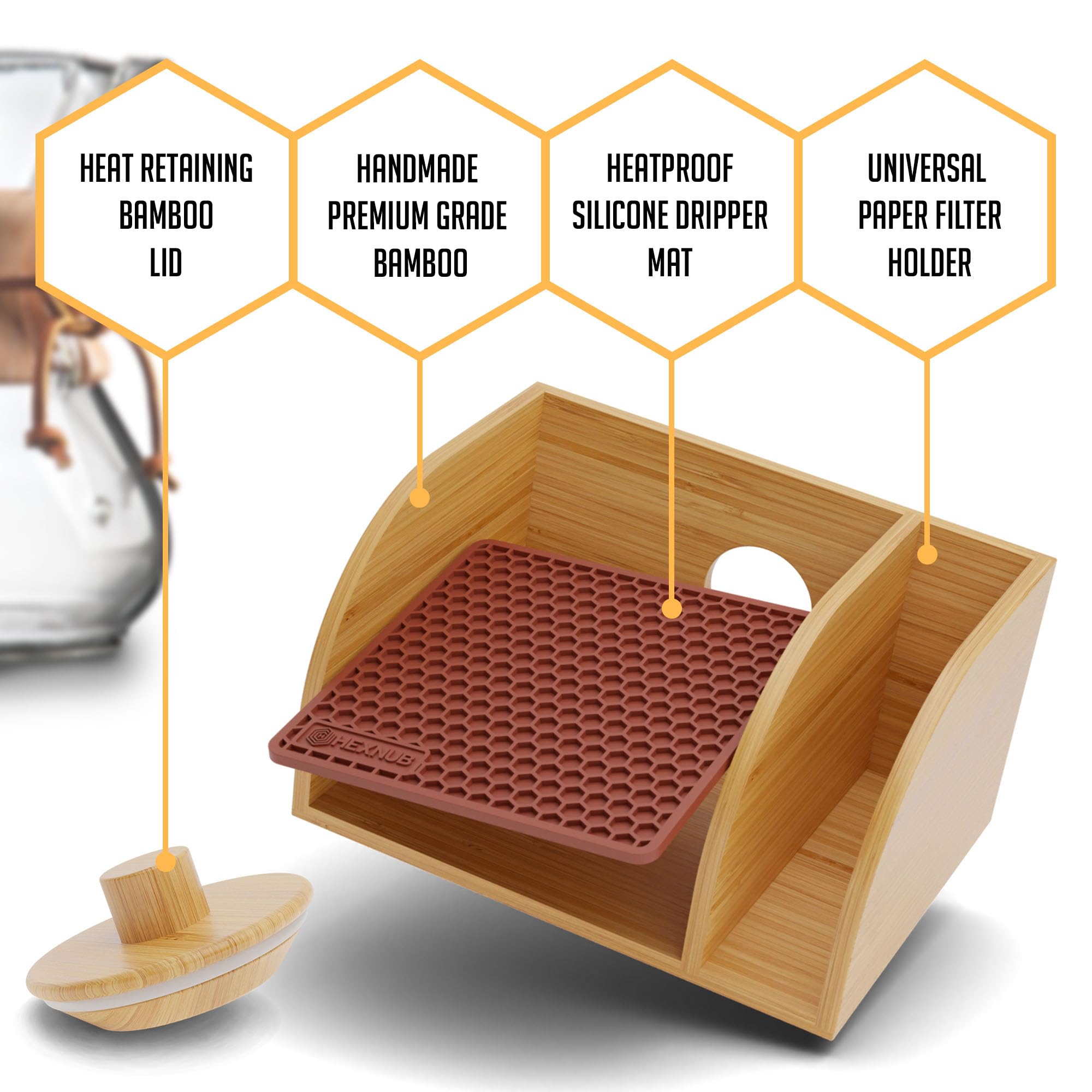 HEXNUB Pour Over Coffee Maker Caddy and Lid, Bamboo Stand, Brown Silicone Mat, Fits Chemex, Bodum, Cosori - CHEMEX STANDS